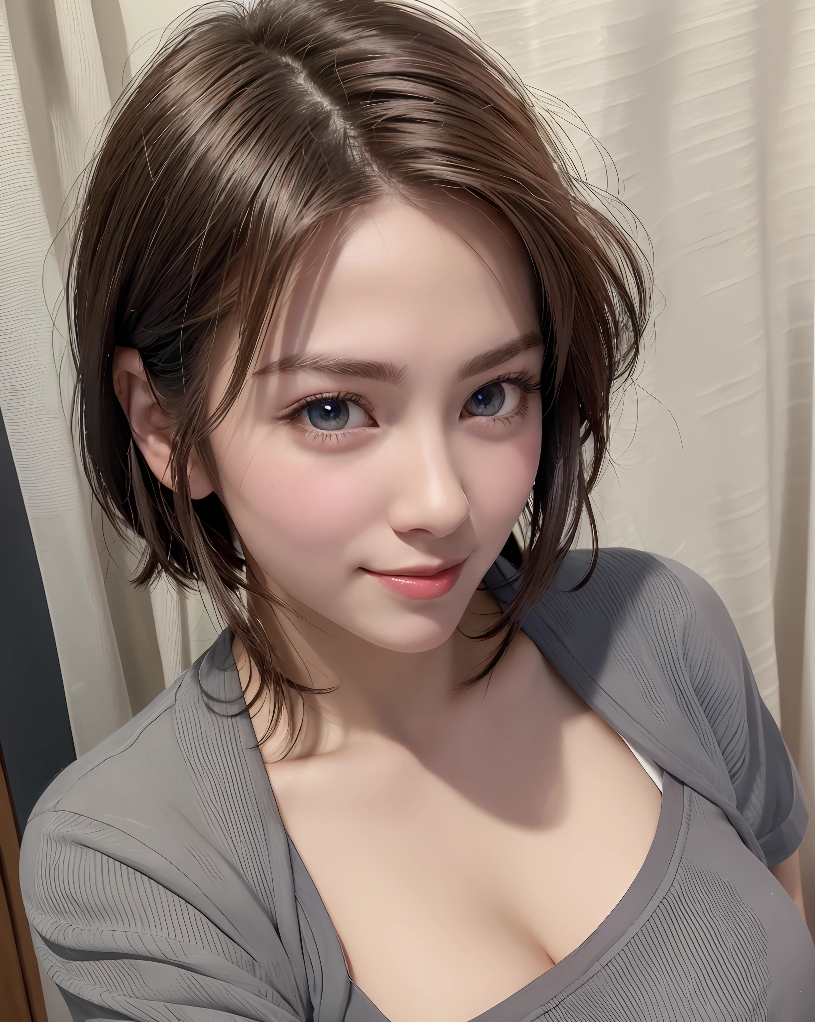 Best Quality, Ultra High Resolution, (Photorealistic: 1.4), Beautiful Eyes, Super Beautiful, Very Short Hair, Beautiful, Sweetheart, T-shirt with Rough Chest, Beautiful Soldier, Eyes That Invite Viewer, Lover's Perspective, Inviting Expression, Sexy Smile, Perfect Style, Perfect Balance, Detailed Skin, Naughty Gaze, Chest Visible