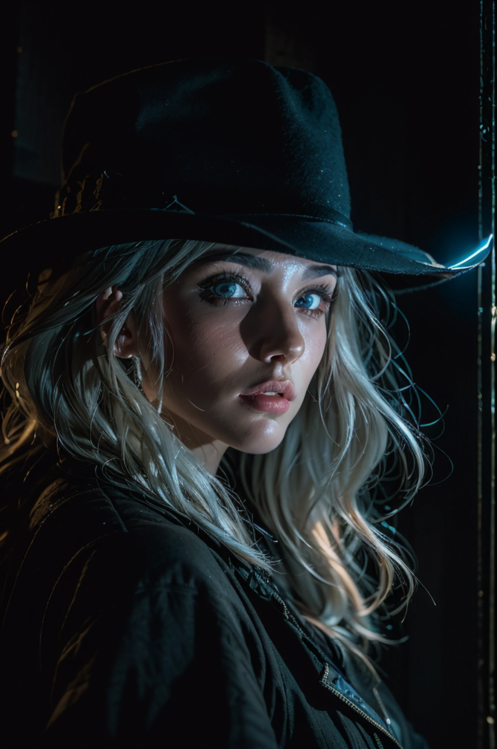 (front focus), (in the dark:1.6), Hyperrealist portrait of female by david hockney and alphonse mucha, fantasy art, photo realistic, dynamic lighting, artstation, poster, volumetric lighting, very detailed faces, 4 k, award winning, 1girl, in the dark, deep shadow, low key, cowboy shot, (official clothing:1.4), long hair, white hair