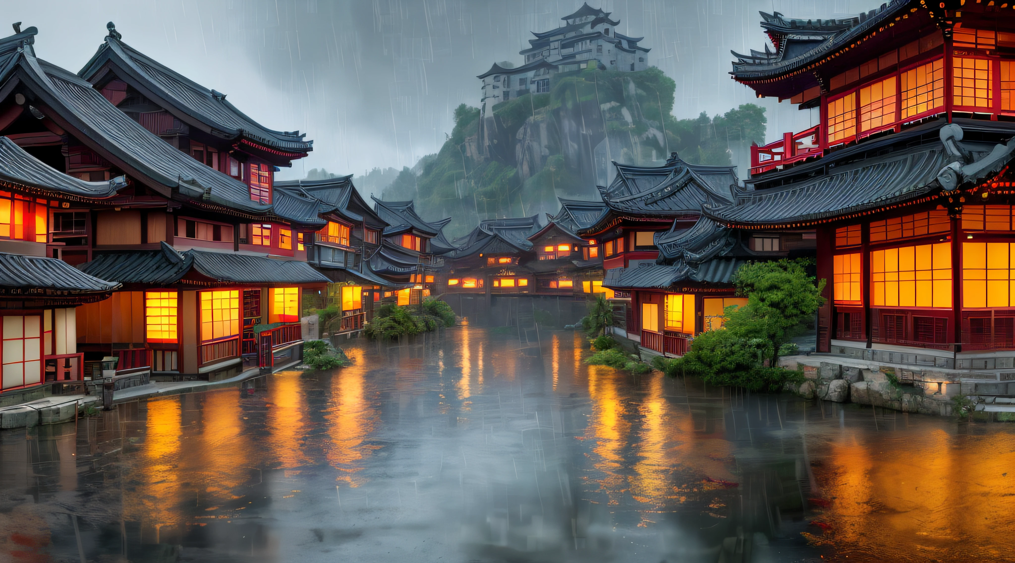 arafed view of a village with a lot of lights on the buildings, dreamy chinese town, chinese village, amazing wallpaper, japanese town, japanese village, hyper realistic photo of a town, old asian village, japanese city, by Raymond Han, rainy evening, cyberpunk chinese ancient castle, beautifully lit buildings, at evening during rain, beautiful and aesthetic, photography, cinematic, 8k, high detailed ((Heavy rain)))