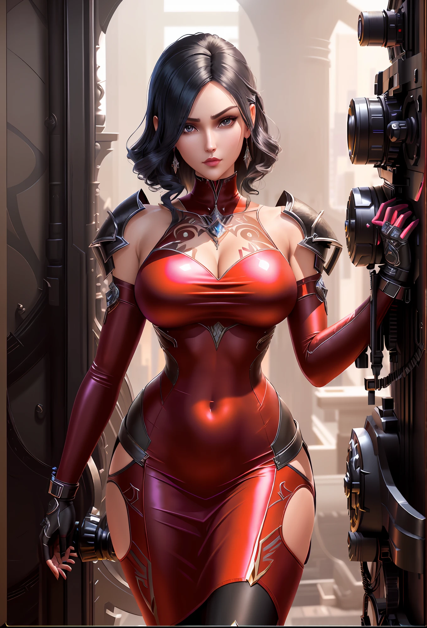 (CG Unity 32K wallpaper in extreme detail，tmasterpiece，Highest image quality)，(Delicate light and shadow，The picture is highly dramatic，Cinematic lens effect)，(Extremely detailed, Underground parking, filigree, slightly fat big breasts, plumw, large tities, Raised sexy, Sexy turtleneck skinny latex coat, Sexy latex leggings，Sexy skinny turtleneck dress, Sexy tight deep V evening dress，Refined face, largeaperture, Close-up of people)， CGsociety masterpiece，Amazing CGsociety，Deviantart ArtStation CGSCOSIETY，8K high quality detailed art，Guviz-style artwork，beautiful fantasy empress，Dawn CGSOCIETY，8K, Amazing artwork, Beautiful woman in detail defined body，Perfectly defines a woman's hip-leg ratio in detail， big breasts thin waist，Buttock augmentation，Attractive standing posture，Chest rubbing，Thigh room，（pierced navel），（abdominals tattoo），