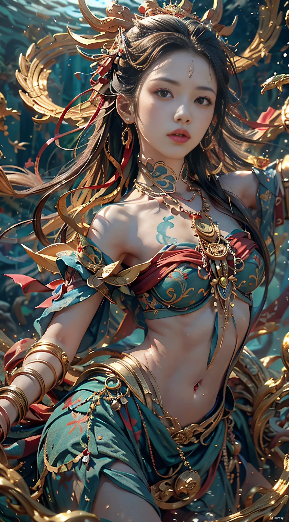 A girl, a dragon behind him, Dunhuang style, underwater, flying action, red ribbon wrapped around the body, surrealism, surrealism, supremacy, classicism, ultra hd, retina, masterpiece, ccurate, textured skin, anatomically correct, super detail, high detail, high quality, 1080P, high resolution, best quality, award-winning, 16k, 8k, 4k, hd