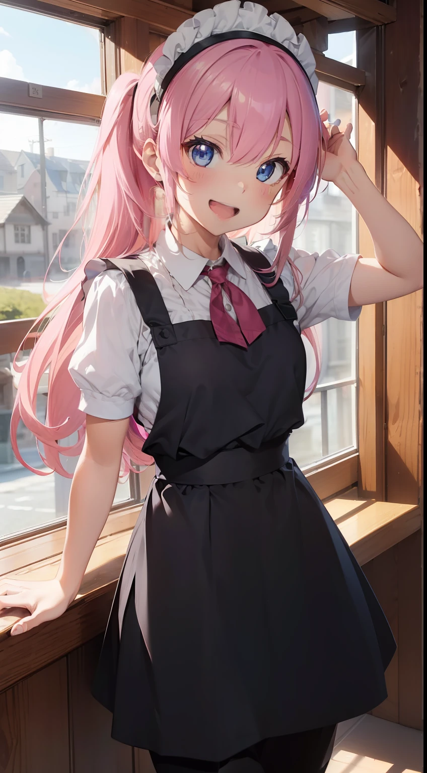 (superfine illustration:1.2),(masutepiece, 8K), (Best Quality, High quality:1.4), portlate、((Super Pastel)),Perfect Anatomy, Hyper Detailed, ultra-detailliert,masterpiece background,beautiful detailed background, V8K Wallpapers,perfect design, 1girl in, Solo, (Outstretched arms,slender, Very short sleeves,Pink hair,maid, Outstanding smile、(Carrying lunch),frombelow, Cowboy Shot:1.2), (lightsmile, Open mouth, 17 years old, Pink hair, (Super long hair,Twin-tailed), Blue eyes, Blue eyes, Black blouse, Short sleeves, maid apronl, white maid apron, Long black trousers, Long pants, long boots, Slender girl), (Inside a coffee shop in a fantasy world of medieval Europe)、order