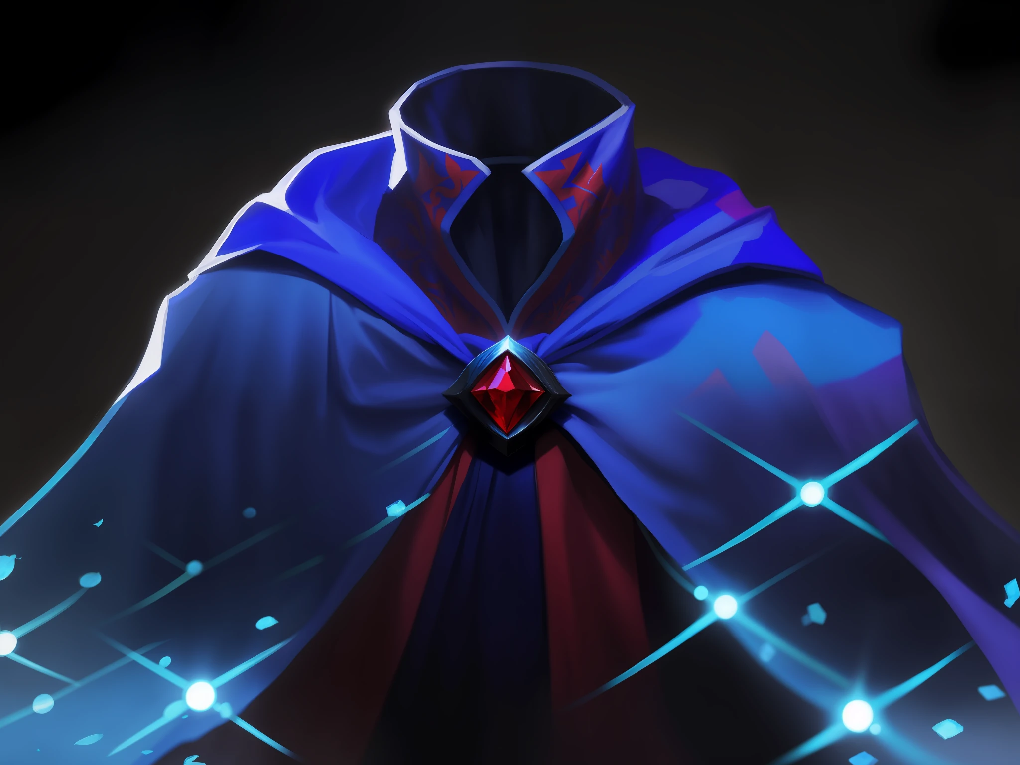 There is a blue and red cloak,There is a red gemstone on it, Glow-in-the-dark cape, Flowing cape, elegant cape, azure cape, Blue cloak, royal cape, Blue cape, flowing magical robe, Gorgeous cape, Cloak. extremly high detail, Large cape, mage robe based on a toucan, Torn Cape, wearing a luxurious cloak, Flowing robes, Heavy cloak
