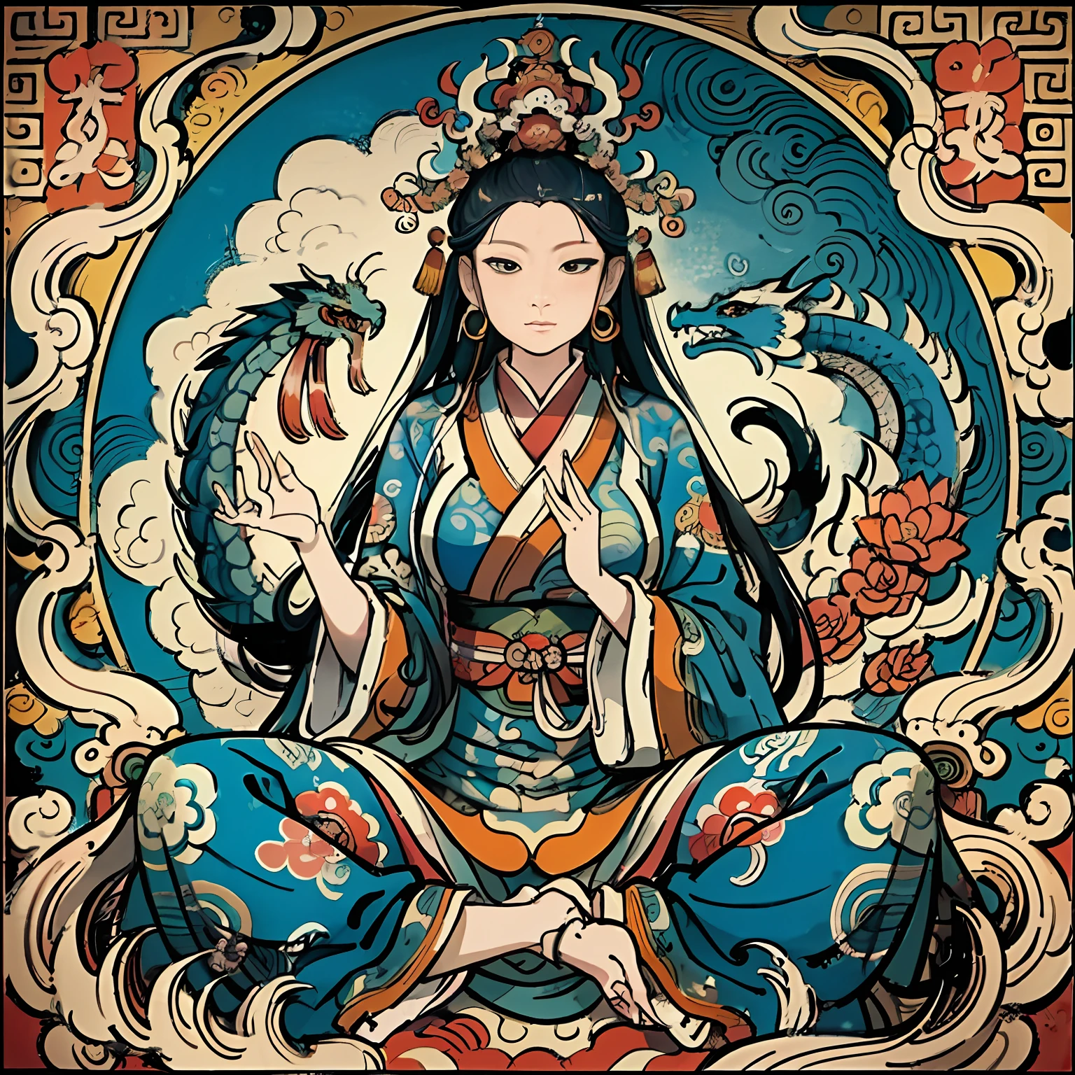an ancient Chinese goddess, guanyin of the southern seas, Guanyin, Inspired by India, Avalokiteshvara rides a dragon,Serene expression,shui mo hua,Buddha,Buddhist,Lotus,Chinese painting style,Thangka style