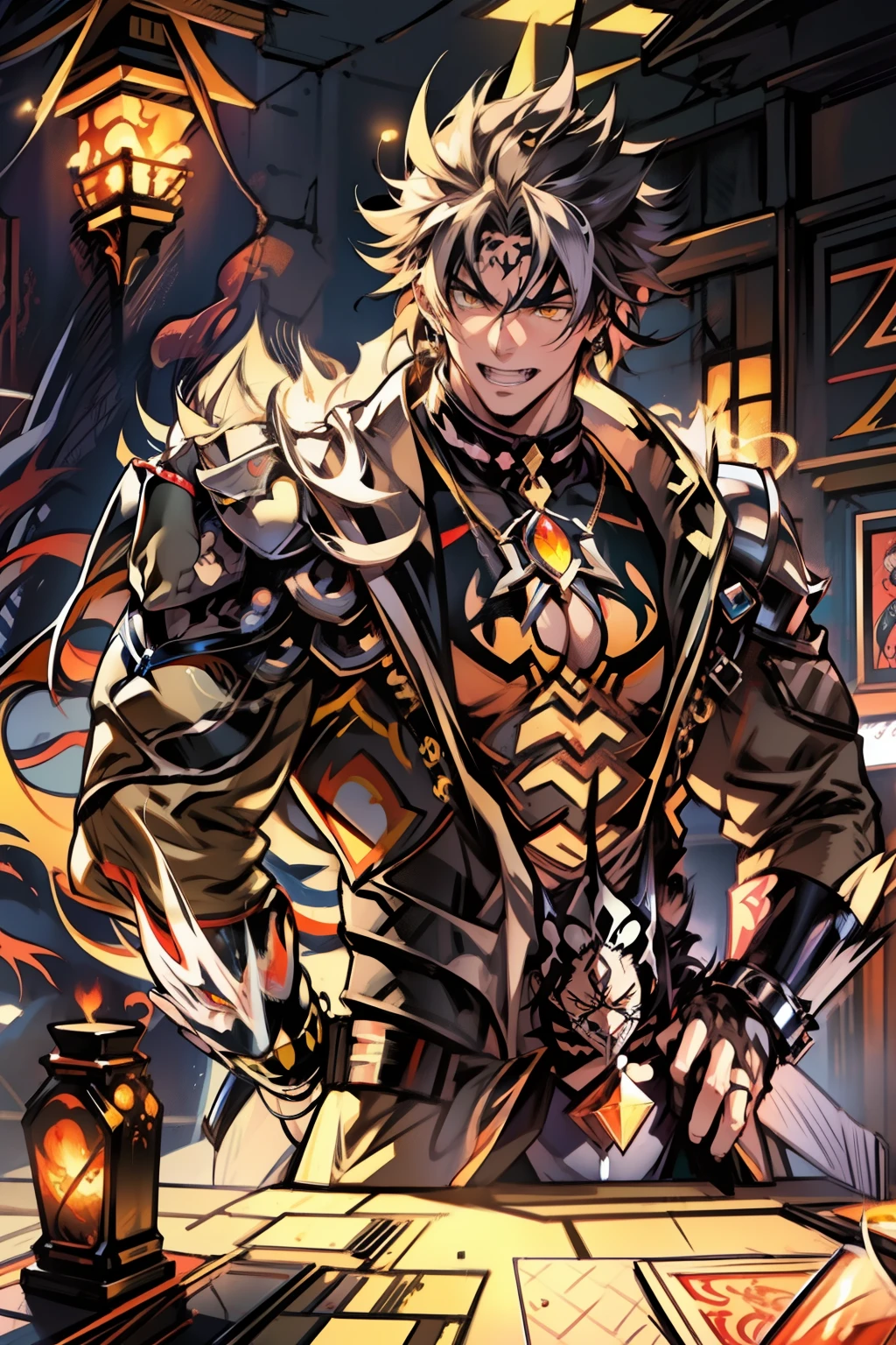《the original god》Arataki Kazuto , male people,,((Masterpiece)), ((Best quality)), Ultra detailed,((illustration)), Dynamic Angle, Detailed light, (Delicate eyes), Floating, 1boy, Male focus, Head, Clothing, Yellow eyes, necklace, tattoo, (Forehead:0.8), (ahoge:0.8), jewelry, apathy,Ray, chest muscle, Sexy , Venom symbiote for your body, Black mucus of the body , (into venom), Venom,frontage,style of anime4 K, 4K anime wallpaper, Badass anime 8 K, 4 k comic wallpaper, young anime man, Anime boys, Anime wallpapers 4 k, Anime wallpaper 4K, High quality anime art style, Anime moe art style, Anime art wallpaper 8 K, Anime art wallpaper 4 K, RGB lighting