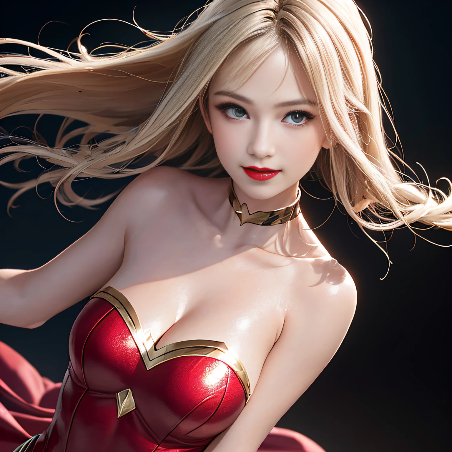 (8K, RAW Photos, of the highest quality, Masterpieces: 1.2), (Realistic, Photorealistic: 1.37), Highest Quality, Ultra High Resolution, light  leaks, Dynamic lighting, Slim and smooth skin, (Full body:1.3), (Soft Saturation: 1.6), (Fair skin: 1.2), (Glossy skin: 1.1), Oiled skin, 22 years old, Night, shiny white blonde, Well-formed, Hair fluttering in the wind, Close-up shot of face only, Physically Based Rendering, From multiple angles, A big smile, super girl、miniture, Red glowing lipstick