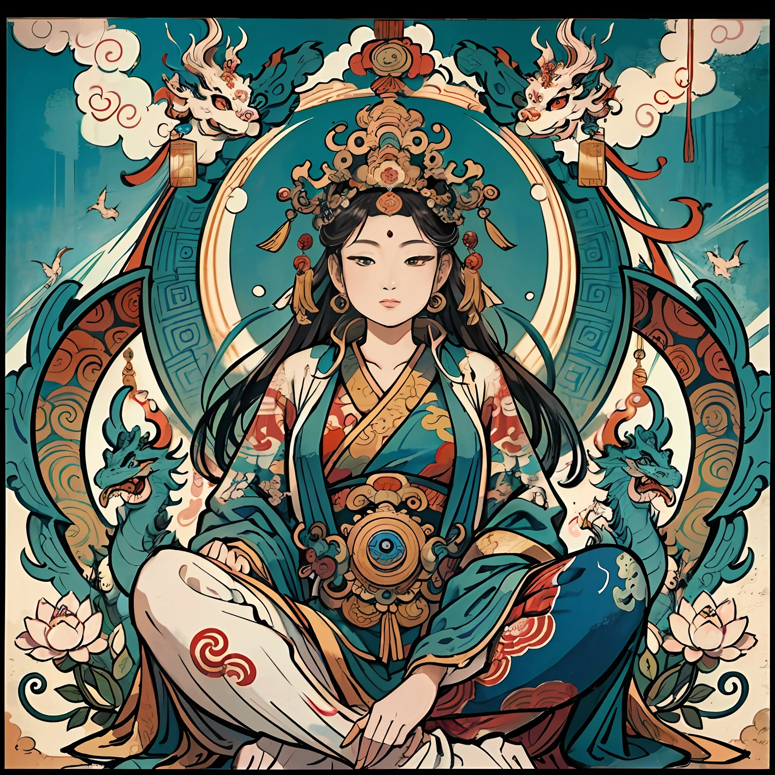 an ancient Chinese goddess, guanyin of the southern seas, Guanyin, Inspired by India, Avalokiteshvara rides a dragon,Serene expression,shui mo hua,Buddha,Buddhist,Lotus,Chinese painting style,Thangka style
