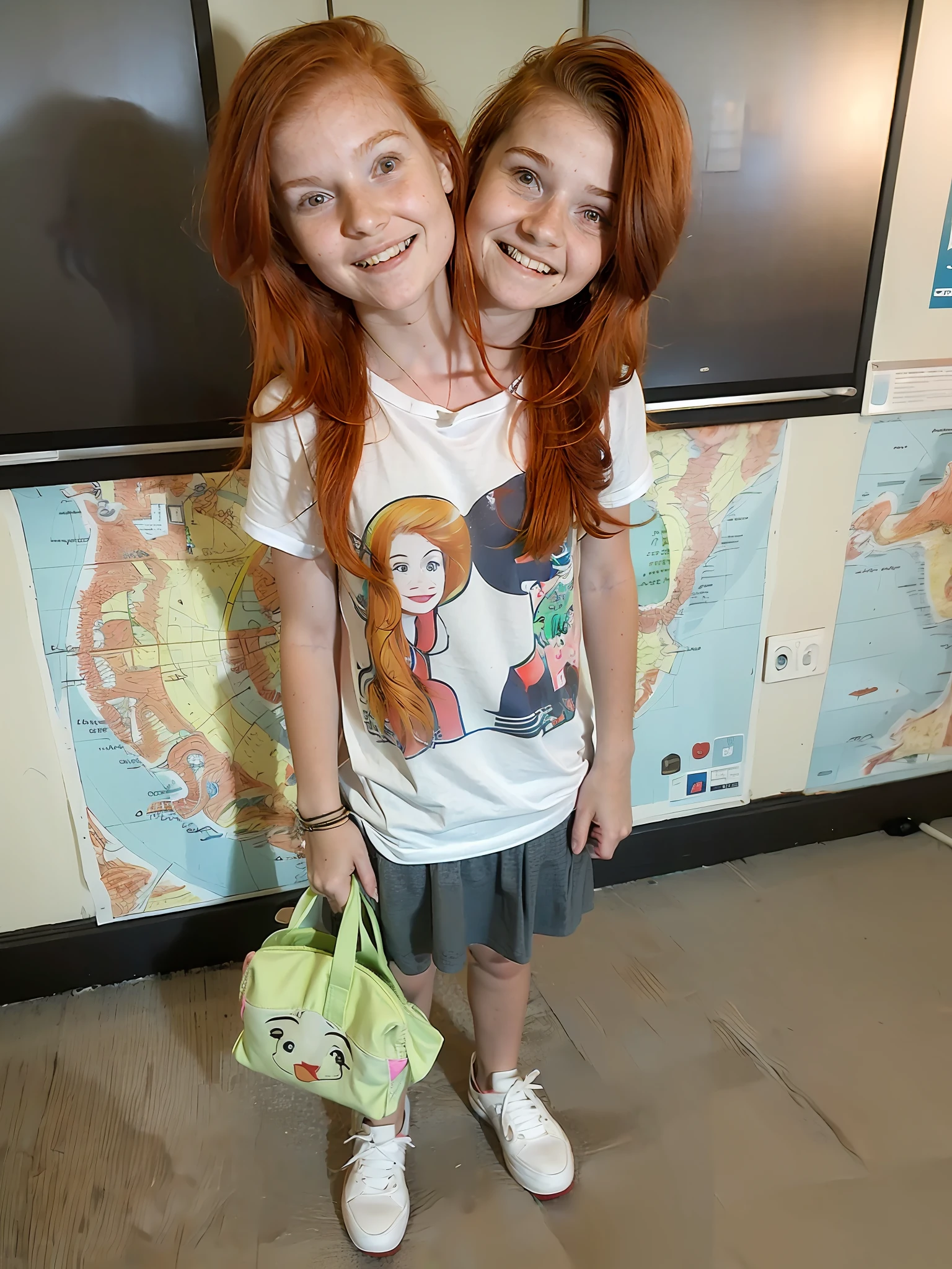 2heads, two headed girl, (14 year old girl:1.5), (female:1.5), (two heads attached to one body:1.4), (redhead:1.4), conjoined twins, heads side by side, one torso, young, uncomfortable, barefoot