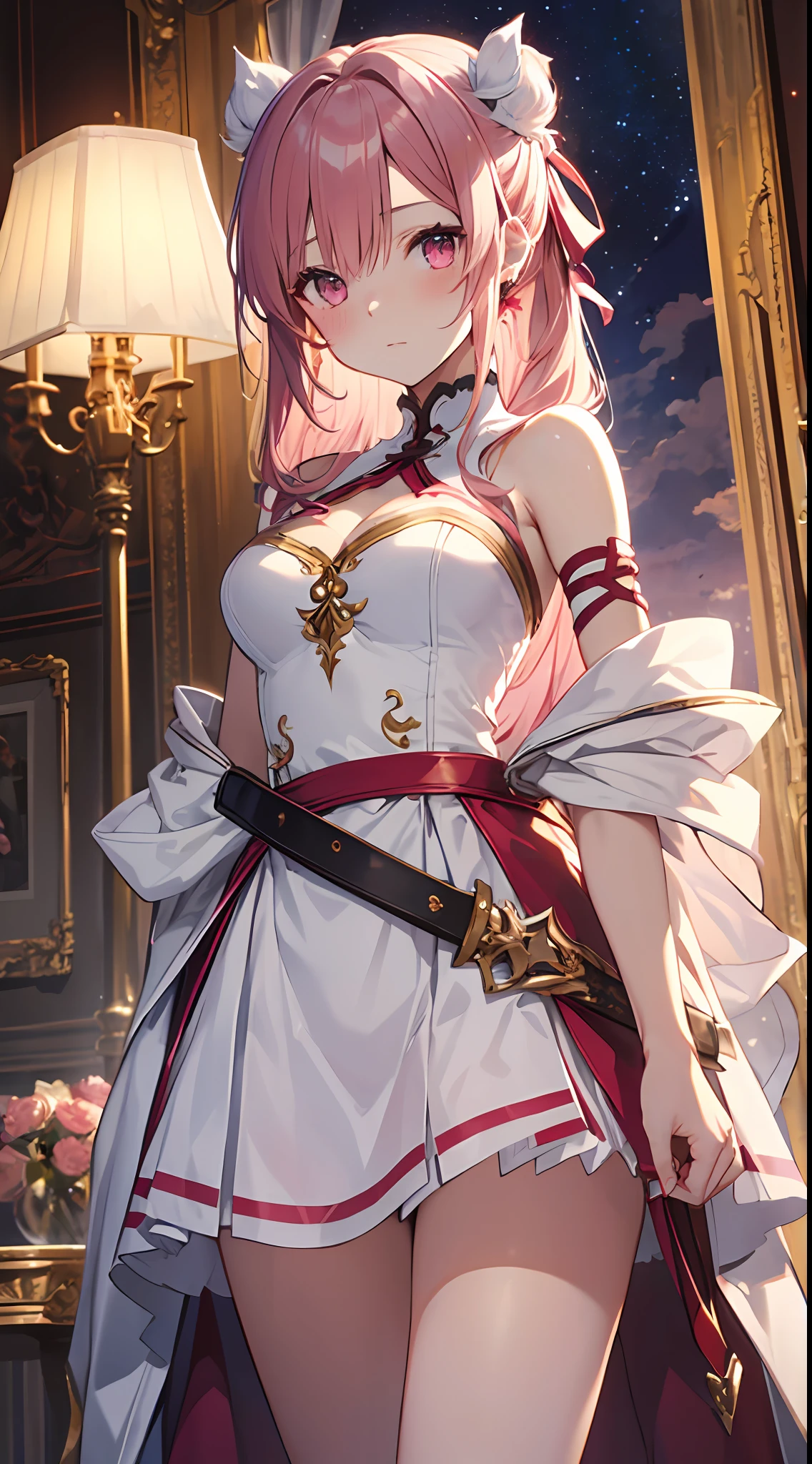 A masterpiece of literary text、best qulity、Asuna\(stars\)、1girls、armature、bare shoulder、blushed、breastplate、Pink eyes、Pink hair、Luxurious dresses、short skirt、Lambent Light、slong hair、Watch your audience、Golden Ribbon、ribbons、scabbard、White dress　ponytails　Hairy hair　Castle room　Room with atmosphere