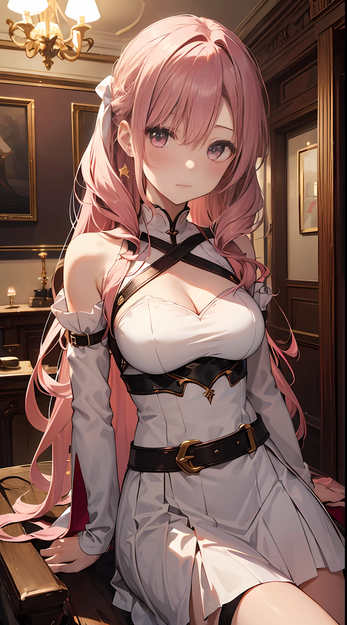 A masterpiece of literary text、best qulity、Asuna\(stars\)、1girls、armature、bare shoulder、blushed、breastplate、Pink eyes、Pink hair、Luxurious dresses、short skirt、Lambent Light、slong hair、Watch your audience、Golden Ribbon、ribbons、scabbard、White dress ponytails Hairy hair Castle room Room with atmosphere