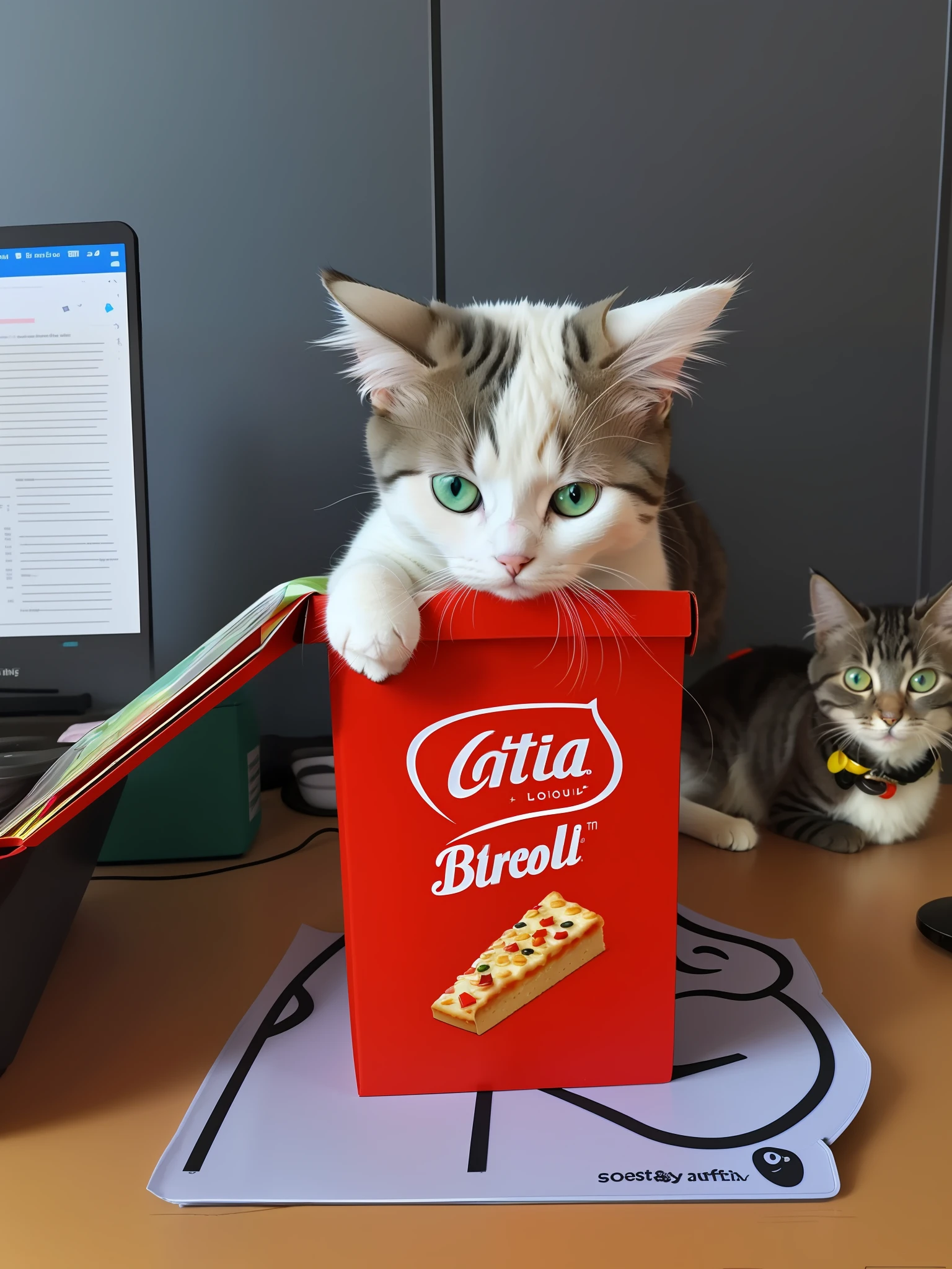 There was a cat sitting in a box on the table, world boss kitten, Shot on Canon EOS R 6, taken with sony alpha 9, cyborg kitten, kitten sandwish, buttercup eating pizza, Sora as a cat, r/awww, cereal mascot, Heteropupil cats,White cat,Black head,One blue and one yellow eyes Cats on the table, Lotus, ultra-realistic picture, about to consume you