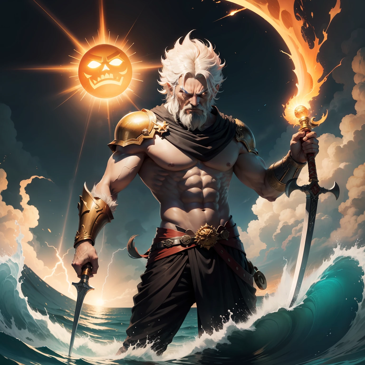 The Sun God who shines in a dark night and is very angry and has a hammer in his hand in which lightning shines and he is in the sea and he has a sword in one hand from which fire comes out.
