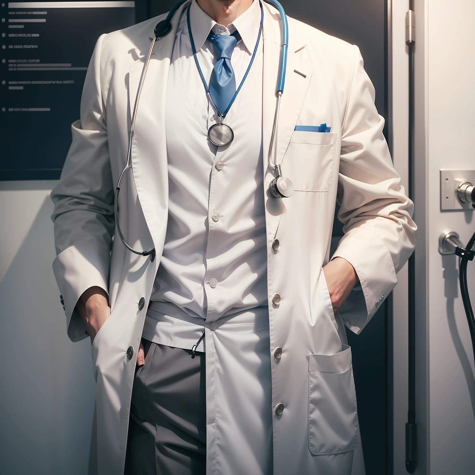 An internist，Wearing a white coat，Hang a stethoscope