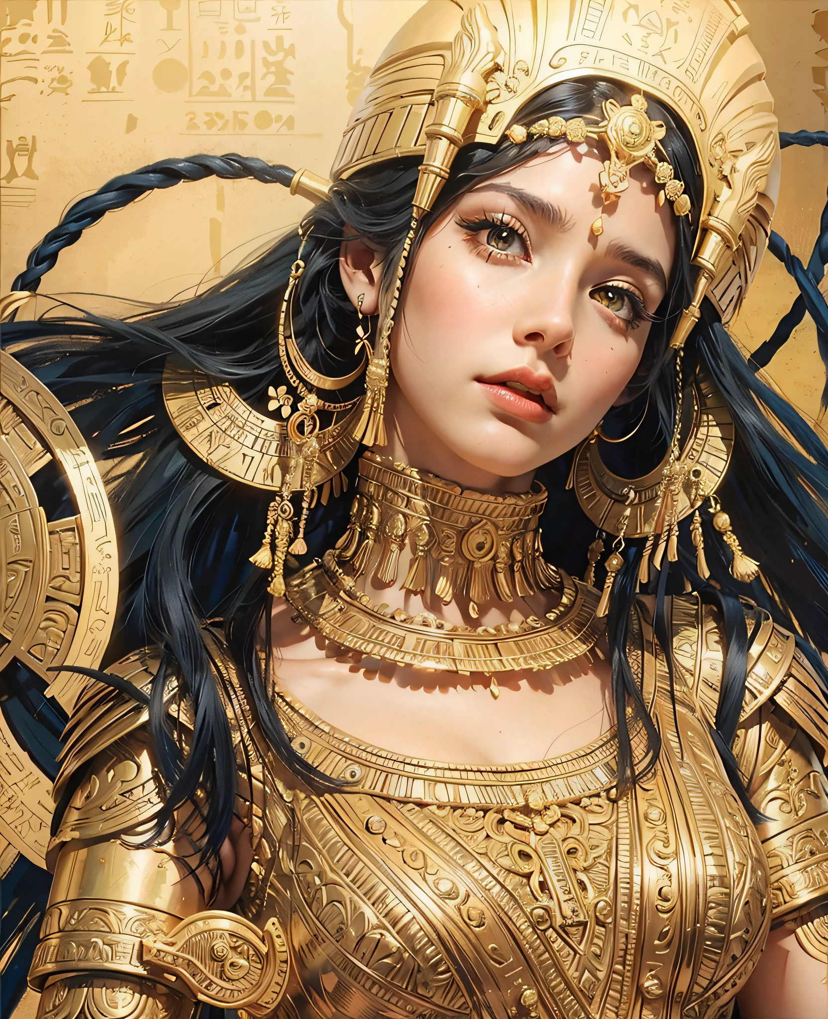 cleopatrah, tiro de corpo inteiro, Vestido bonito, deusa rainha do Egito, atraente, rosto mais perfeito, design de olhos profissional, Pintura digital, Beautiful hieroglyphics in the background, fantasia, detalhes intrincados, actual configuration, Face card, ao estilo de Ellen Gallagher, Abigail Larson e Anton Pieck