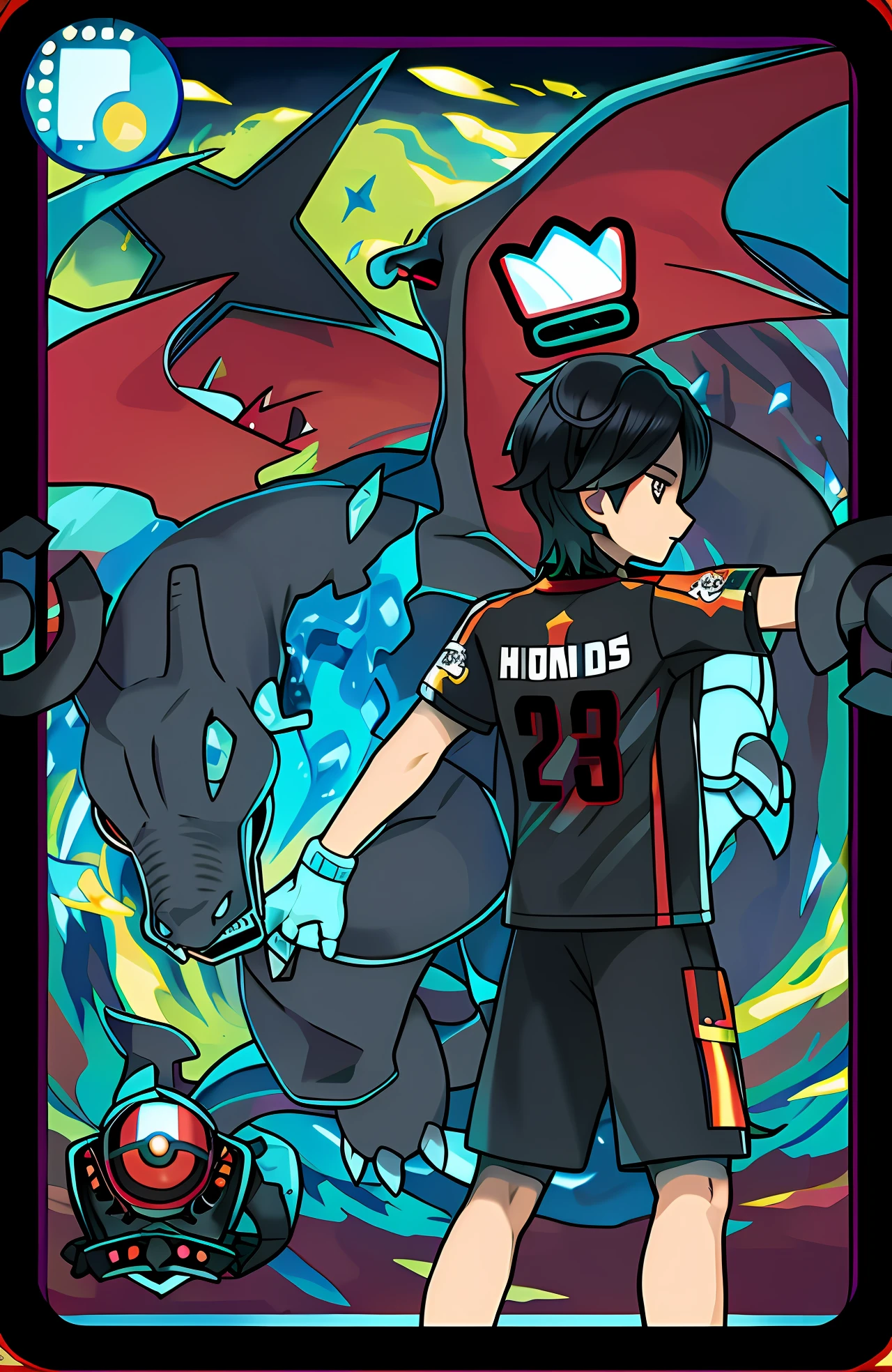 sugimori ken \(Style\), Libido boy,Dark eyes, Black hair, short white pants, track suit，Creatures \(co\), Band Dana Max, game freak, Gloria (Pokemon), mitts, A high resolution, Legs, view the viewer, Nintendo, offcial art, Pokemon, Pokemon \(gaming console\), Pokemon SWSH, sugimori ken, tart \(Illustrator\), Stadium Background, (firebreathing dragon), (Pokemon \(organism\) )