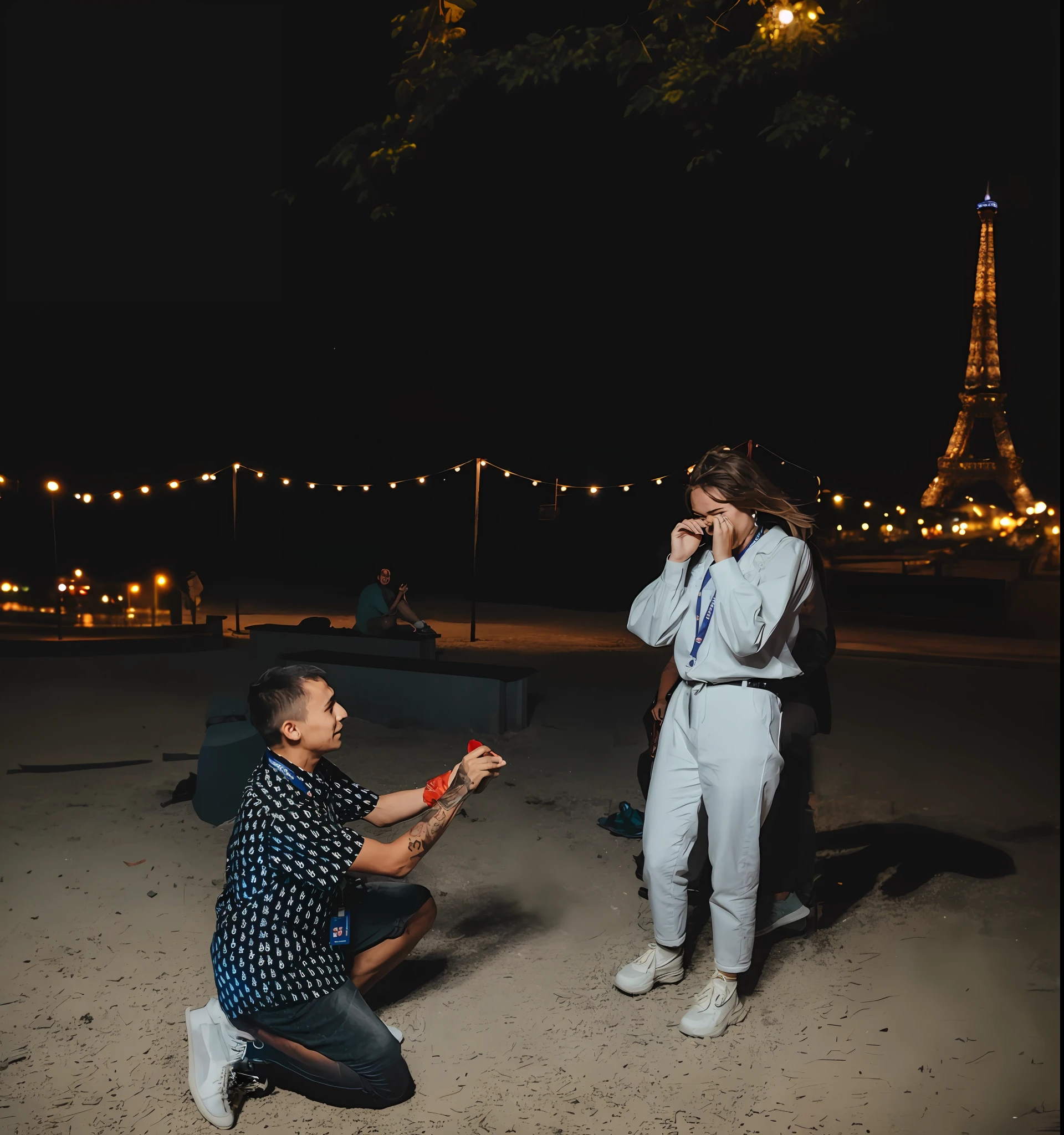 They sit on the ground, against the backdrop of Paris at night, eiffel tower, 真实感, beautiful photo, One man holding a red rose, man proposing his girlfriend, edited, by Emma Andijewska, taken in the night, sitting on one knee on the grass, Behind-the-scenes photo, by Daniel Lieske, captured on canon eos r 6, hiquality