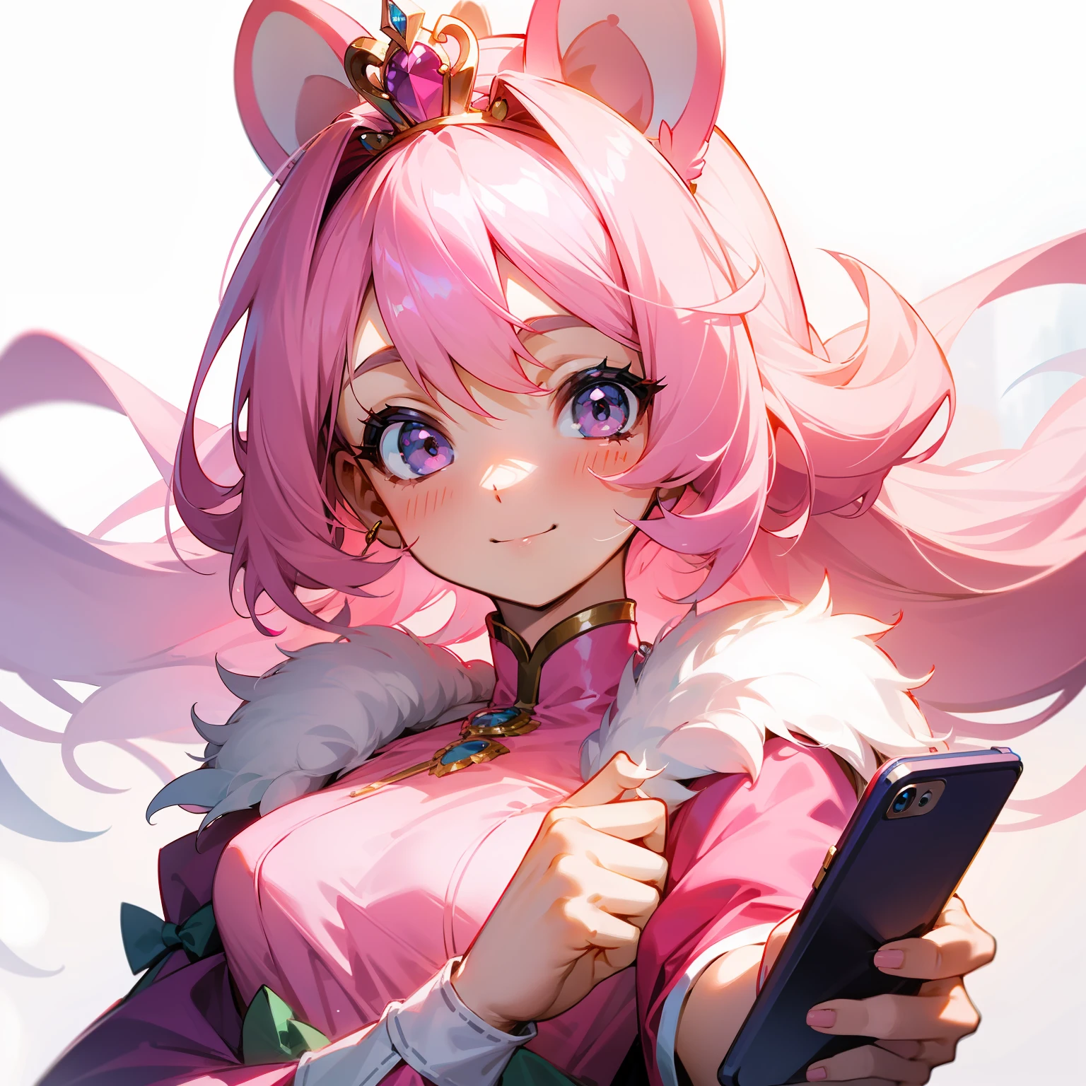 Cute lady hamster，Pink and soft，Wearing a tiara with a bow，Holding a delicate phone in hand，Play with a smile。