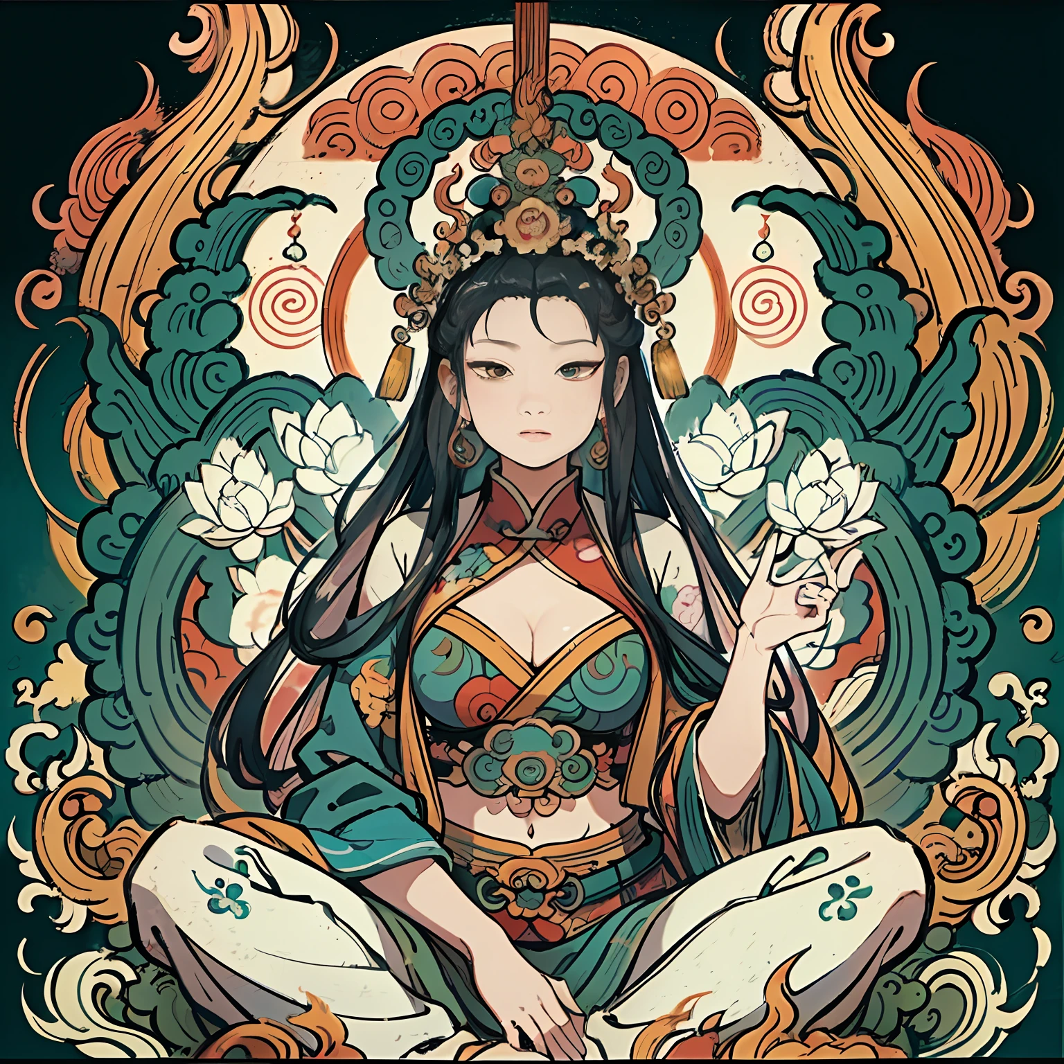 an ancient Chinese goddess, guanyin of the southern seas, Guanyin, Inspired by India, Avalokiteshvara rides a dragon,Serene expression,shui mo hua,Buddha,Buddhist,Lotus,Chinese painting style,Thangka style