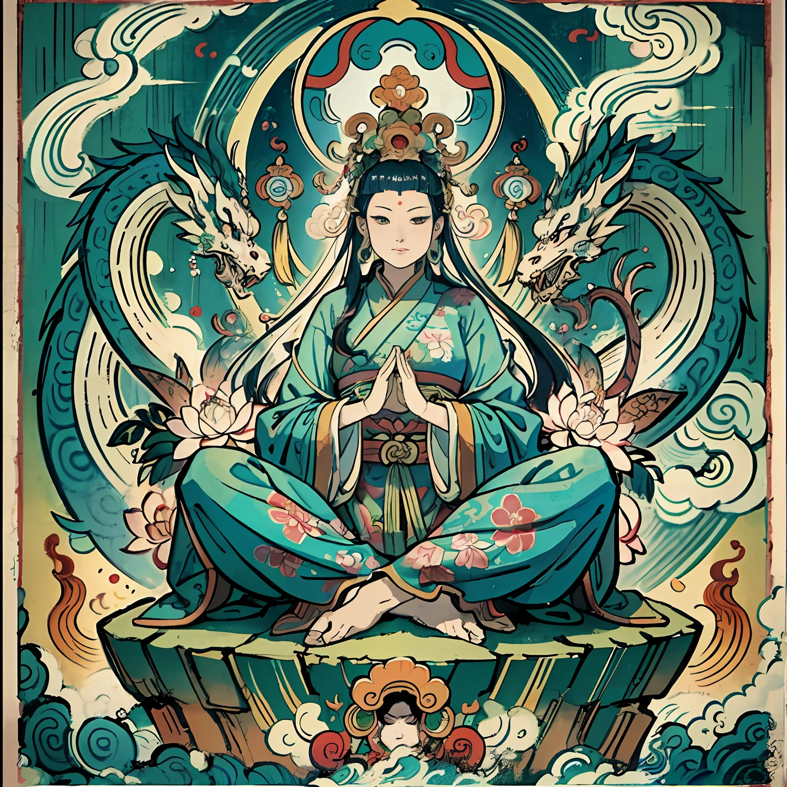 an ancient Chinese goddess, guanyin of the southern seas, Guanyin, Inspired by India, Avalokiteshvara rides a dragon,Serene expression,shui mo hua,Buddha,Buddhist,Lotus,Chinese painting style,Thangka style