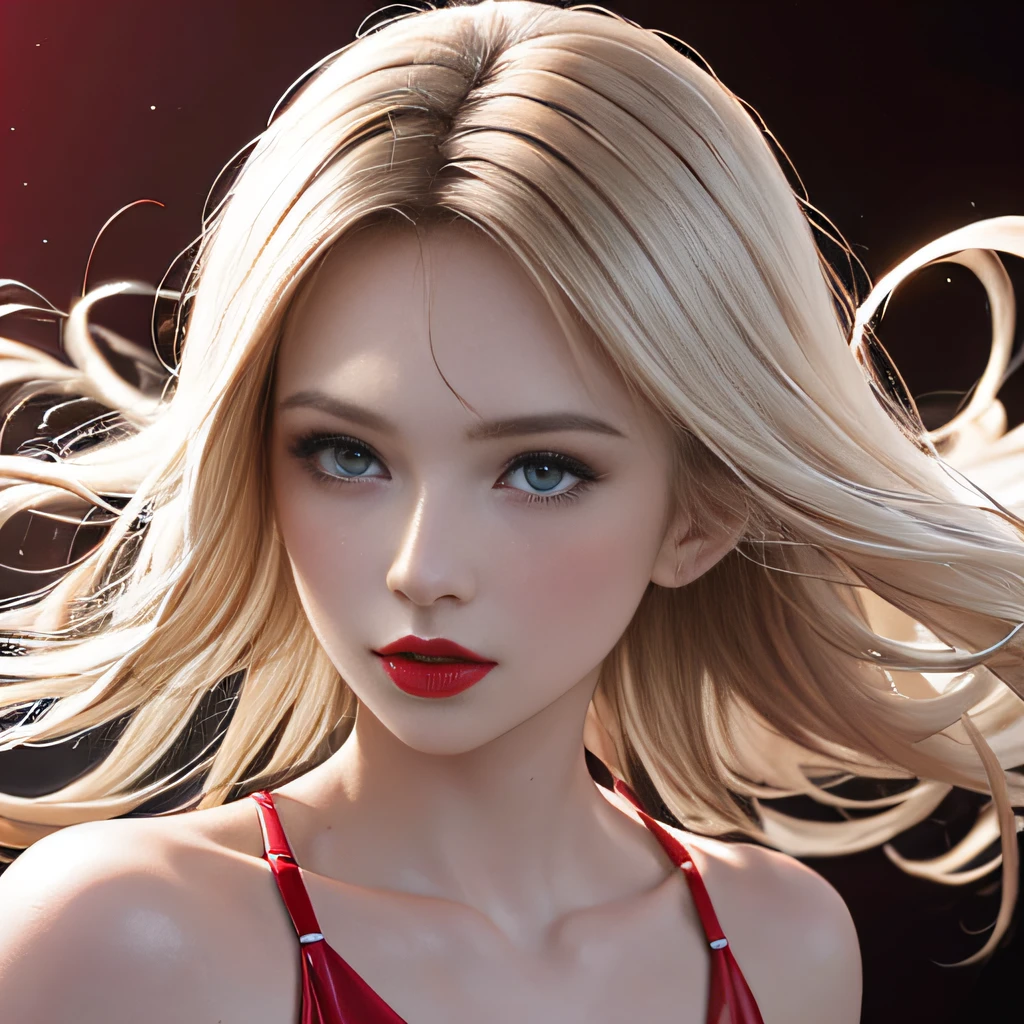 (8K, RAW Photos, of the highest quality, Masterpieces: 1.2), (Realistic, Photorealistic: 1.37), Highest Quality, Ultra High Resolution, light leaks, Dynamic lighting, Slim and smooth skin, (Full body:1.3), (Soft Saturation: 1.6), (Fair skin: 1.2), (Glossy skin: 1.1), Oiled skin, 22 years old, Night, shiny white blonde, Well-formed, Hair fluttering in the wind, Close-up shot of face only, Physically Based Rendering, From multiple angles, The bikini, Red glowing lipstick