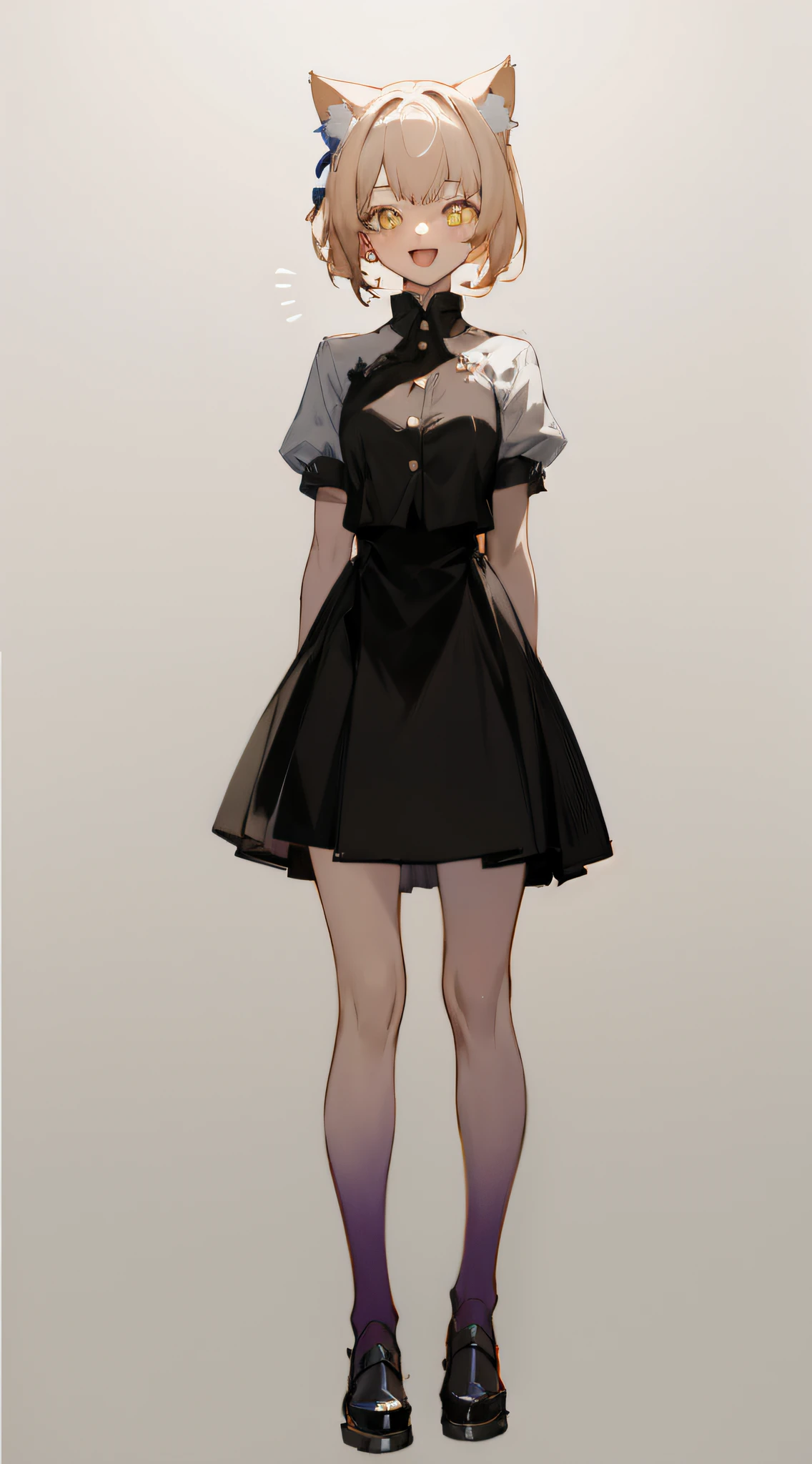 full body, upright, arms at sides, looking at viewer, pure-colored background, 1girl, open mouth, cat ears, smile