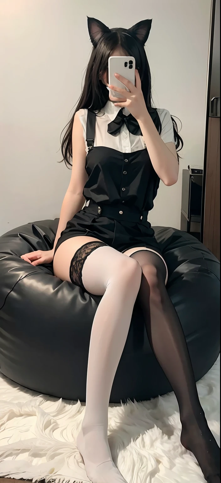 Arakfi sat on the bean bag,Take a selfie with your phone in the mirror, Black socks with suspenders ,blackstockings,lacepantyhose, Anime Barbie suspenders black stockings, Stockings, With black socks suspenders Black stockings,lacepantyhose, There are no shoes on the thighs, Wearing white tights, Thigh suspender high stockings, White tights, wearing in stocking, Beautiful arms and legs, Wearing stockings, Close-up of legs, Beautiful hands with cat ears on the head