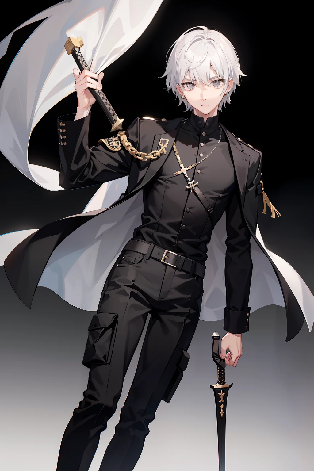 White-colored skin，White-colored skin，whaite hair，Black pupils，Pure black eyes，Silver-toned stud earrings，shoun，crosses，bandagens，There are bandages on the hands，short detailed hair，Handsome，Libido boy，Highest image quality，the night，the night，warn，male people，hooding，cargo pants，Martin boots，Black pick dye，Long sword，crosses，crosses，nighttime scene，Black cargo pants，Black pantsuit