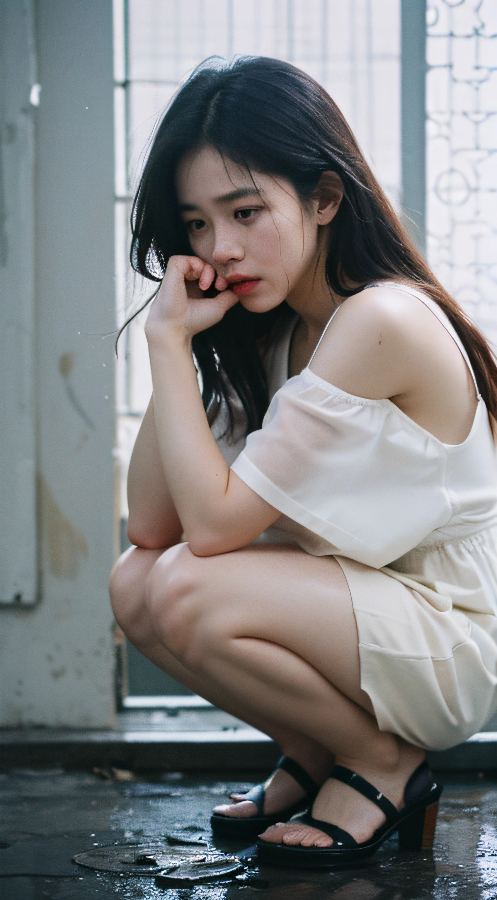 Highest image quality、Masterpiece level、Ultra-high sharpness、Fidelity 1.4，photoshoot，A girl appears[（grieves）]，In a white blouse shirt，(The scene is dim、darkly，Present despair、pitying、Feeling of pity)。Like a movie，With tears，There are tears on the face。There are tears on the clothes:1.4，drenched clothes:1.5，Squat on the ground，and bare shoulders。It's really raining，The hair is soaked。