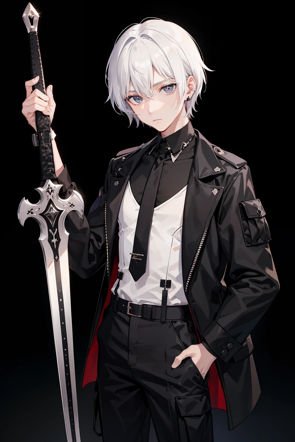 White-colored skin，White-colored skin，whaite hair，Black pupils，Pure black eyes，Silver-toned stud earrings，shoun，crosses，bandagens，There are bandages on the hands，short detailed hair，Handsome，Libido boy，Highest image quality，the night，the night，warn，male people，hooding，cargo pants，Martin boots，Black pick dye，Long sword，crosses，crosses，nighttime scene，Black cargo pants，Black pantsuit