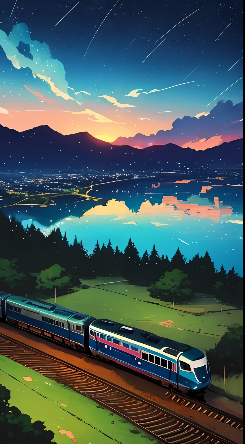 High quality masterpiece, landscape, anime train passing through bodies of water on tracks, bright starry sky. Romantic train, pixiv, concept art, lofi art style, reflection. by Makoto Shinkai, lofi art, Beautiful anime scene, Anime landscape, detailed scenery —width 672, in style of Makoto shinkai, style of Makoto shinkai, enhanced details. --auto