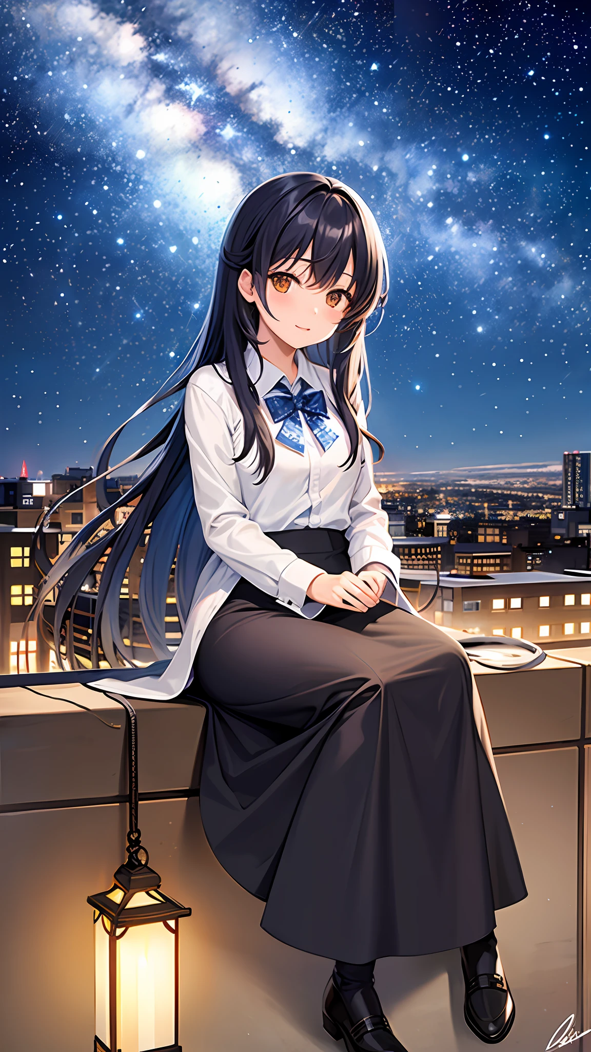 octans, sky, star (sky), scenery, starry sky, night, 1girl, night sky, solo, outdoors, signature, building, cloud, milky way, sitting, tree, long hair, city, silhouette, cityscape