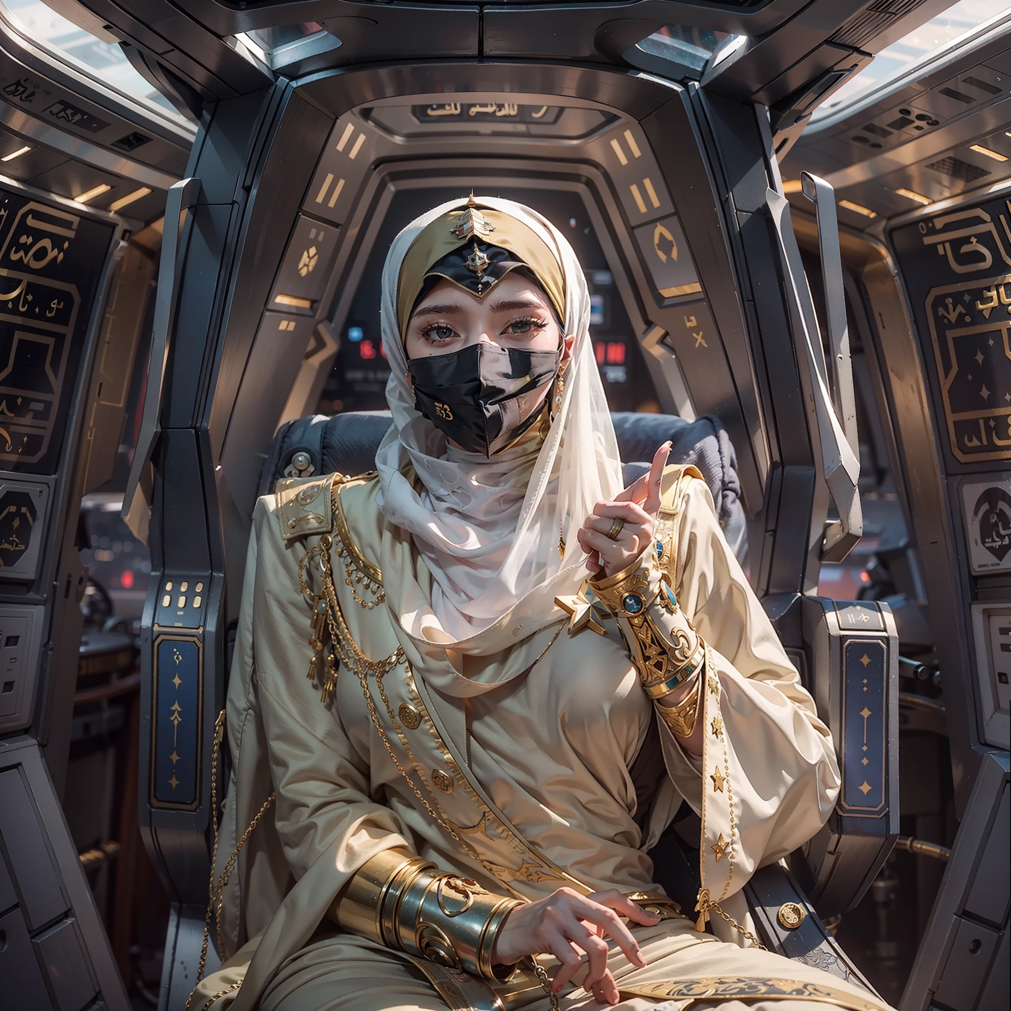 Arabic version《Star-Trek》,Female version《Star-Trek》,Arab female version of James,Arabic hijab,Veil masked,Arabian luxury Starfleet uniform,Sitting in the cockpit of the Enterprise,The Arab women's version of Spock and the Arab women's version of McCoy,Wear an Arabic headscarf,Veil masked,Wearing an Arabian luxury uniform,Stand behind him,The Arabic version of the Enterprise sails in space,High-tech and Arabic style。