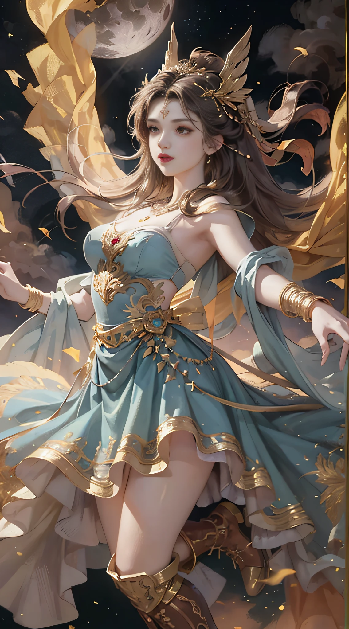 Best picture quality, amazing details, extremely detailed CG art, antique illustration as the theme, 1 Valkyrie in a light blue dress battle dress solo in the night, super sexy, through the clouds, the moon and stars dancing; Her hair and cloak fluttered in the wind, and her skirt and boots sparkled, full of mystery and romance.