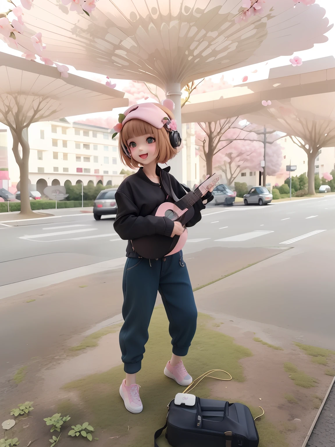 (masterpiece),(best quality),(ultra-detailed), (full body:1.2),
1girl,chibi,cute, smile, open mouth,
flower, outdoors, playing guitar, music, beret, holding guitar, jacket, blush, tree, :3, shirt, short hair, cherry blossoms, green headwear, blurry, brown hair, blush stickers, long sleeves, bangs, headphones, black hair, pink flower,
(beautiful detailed face), (beautiful detailed eyes),
