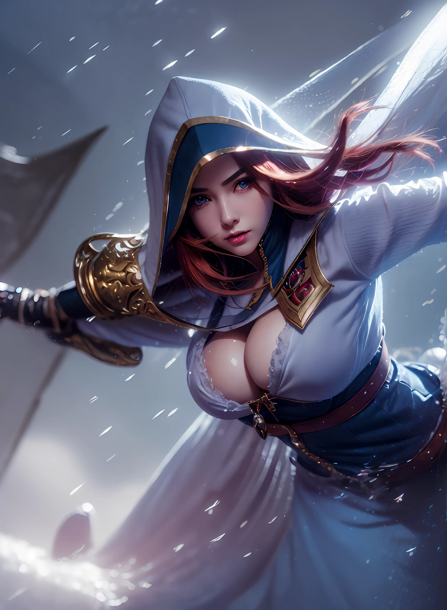 ((Best Quality, 4K, Masterpiece: 1.3)), (Detailed: 1.4), Reality, 1girl, a close up of a woman with a sword in a blue outfit, ashe, katarina, style artgerm, miss fortune, leblanc, league of legends character, miss fortune league of legends, A woman with red hair and Armor arm, Big Breast, Huge Breast, beauty eyes, perfect eyes, cool smile, 4K, HD, Ultra Realistic, extremely detailed, tfft