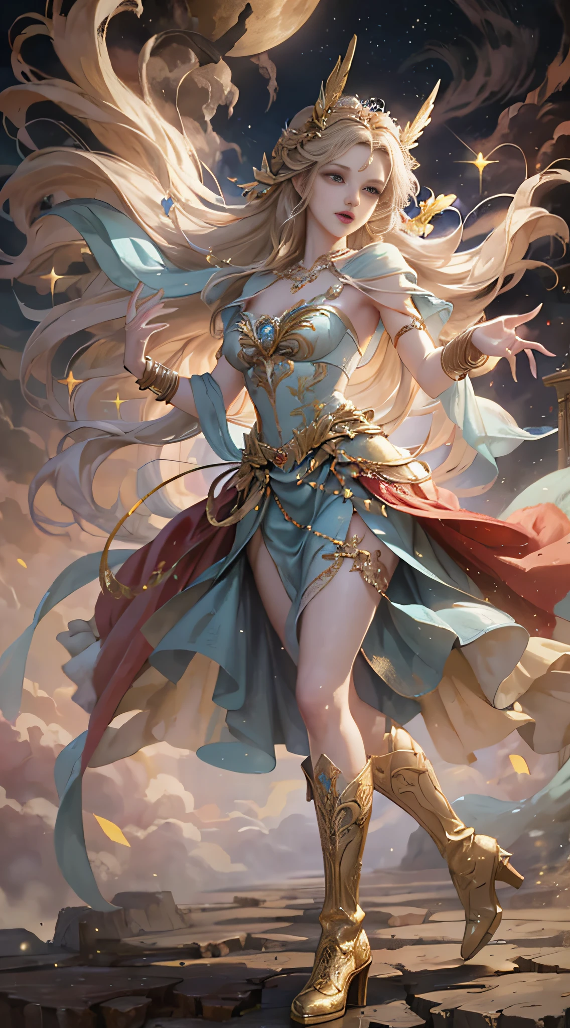 Best picture quality, amazing details, extremely detailed CG art, antique illustration as the theme, 1 Valkyrie in a light blue dress battle dress solo in the night, super sexy, through the clouds, the moon and stars dancing; Her hair and cloak fluttered in the wind, and her skirt and boots sparkled, full of mystery and romance.