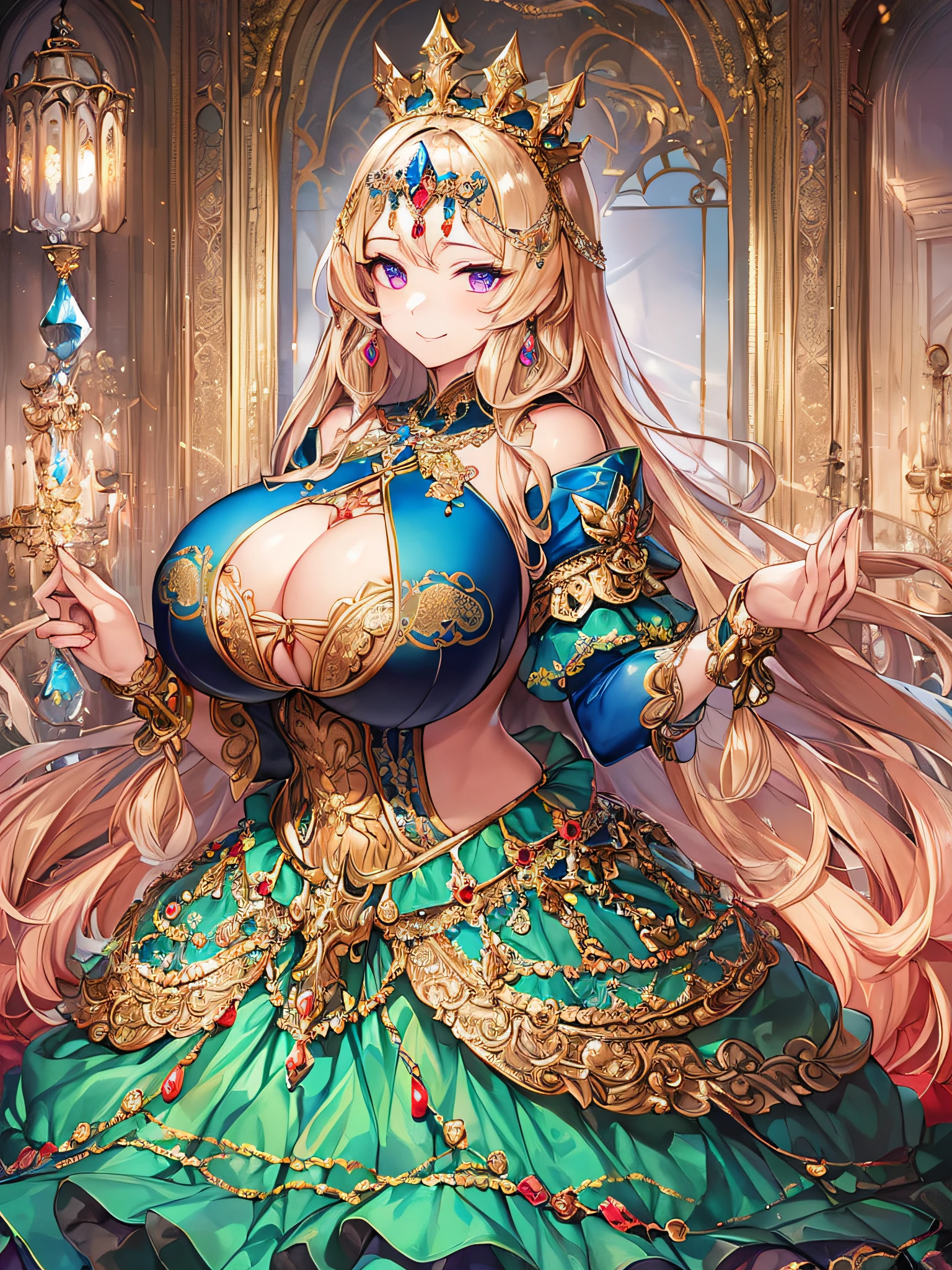 ((anime artstyle)),(Masterpiece),(Best Quality), (Super Detail),((Very Delicate and Beautiful)),((Solo)),((full body)),(((1 bling-bling princess in beautiful embroidery and jeweled extremely gorgeous rococo ball gown dress with voluminous hoop skirt))),(((bling-bling))),Long train,(bling-bling gorgeous gemstone jewelry),detailed face and eyes,jewel-like eyes,(seductive smile),((extremely voluminous Very Long Hair,Straight Hair)),((gigantic tits,Long tits,cleavage)),curvy,skindentation,(gorgeousfull embroidery and lace),gorgeous corsage,See-through,extremely gorgeousfull hair ornament,bling-bling extremely gorgeousfull jeweled tiara,ornate ruffles,((full body)),((hoop skirt,crinoline)),Dynamic Angle,Looking at viewer,((beautiful embroidery and jeweled extremely gorgeous rococo ball gown dress with voluminous hoop skirt)),full body