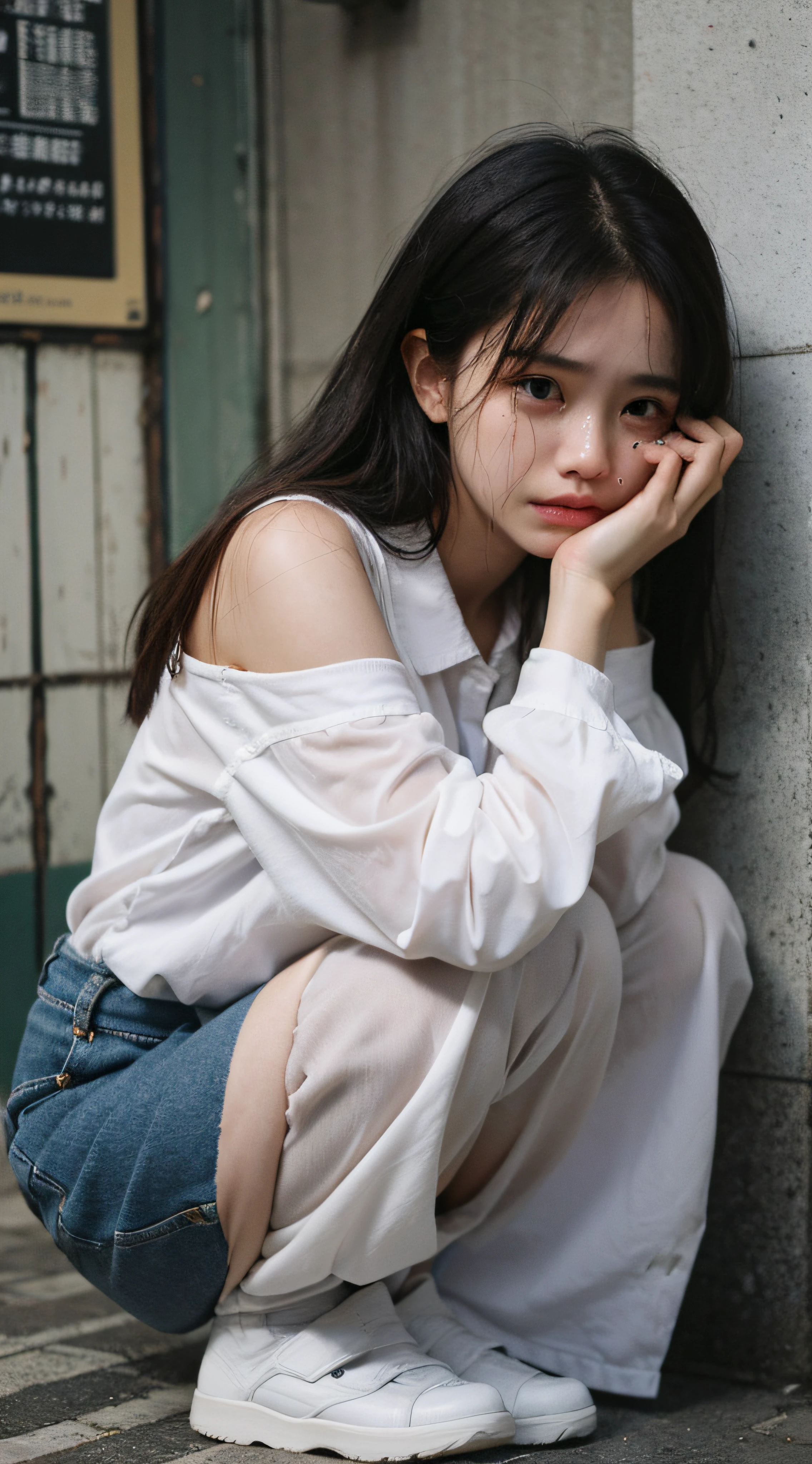 Highest image quality、Masterpiece level、Ultra-high sharpness、Fidelity 1.4，photoshoot，A girl appears[（grieves）]，20 years old，In a white blouse shirt，The scene is dim、darkly，Present despair、pitying、Feeling of pity，Sad，weeping，Wipe away tears，Squat on the ground。Like a movie，With tears，There are tears on the face。There are tears on the clothes（Weight 1.5），drenched clothes（Weight 1.4）and bare shoulders。It's really raining，The hair is soaked。