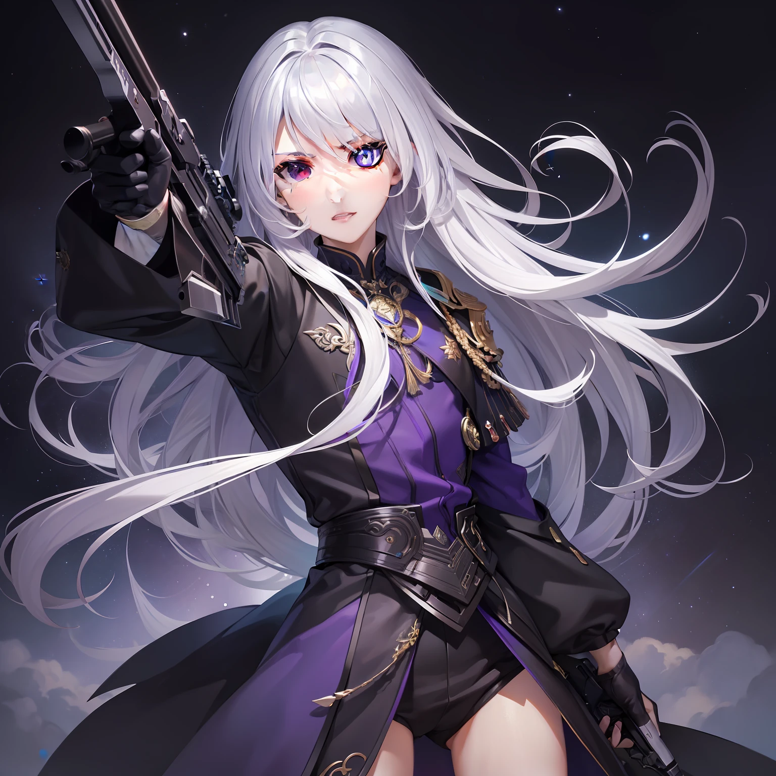 (tmasterpiece， best qualtiy， CG， the wallpaper， hdr， high qulity， k hd，Perfect facial detail， extremely detaile)，Only 1 boy，full bodyesbian，shoun，Silvery hair，Silver eyes，Armed with a sniper rifle，Make a aiming motion，Handsome，Silver and purple energy，The background is the Milky Way