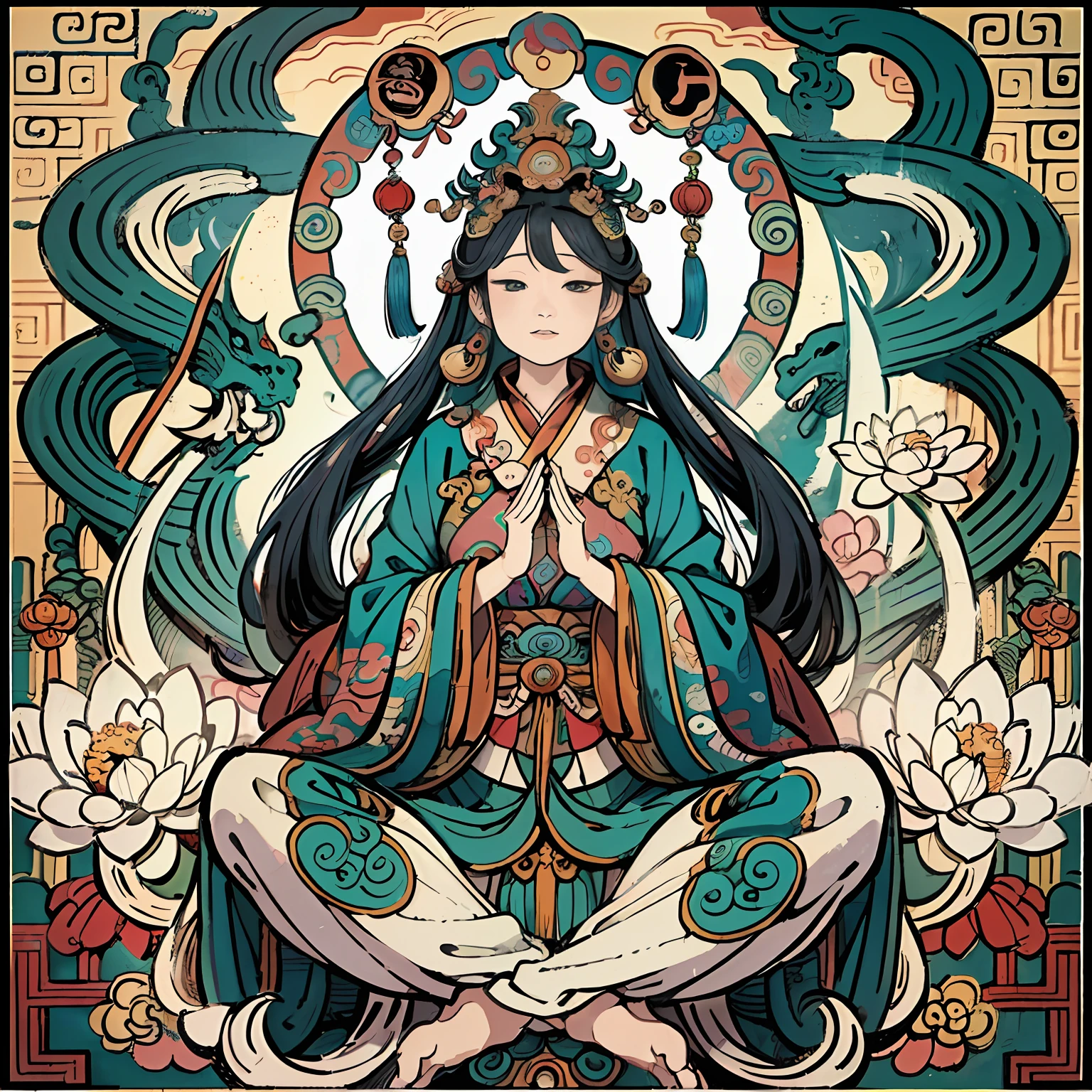 an ancient Chinese goddess, guanyin of the southern seas, Guanyin, Inspired by India, Avalokiteshvara rides a dragon,Serene expression,shui mo hua,Buddha,Buddhist,Lotus,Chinese painting style,Thangka style