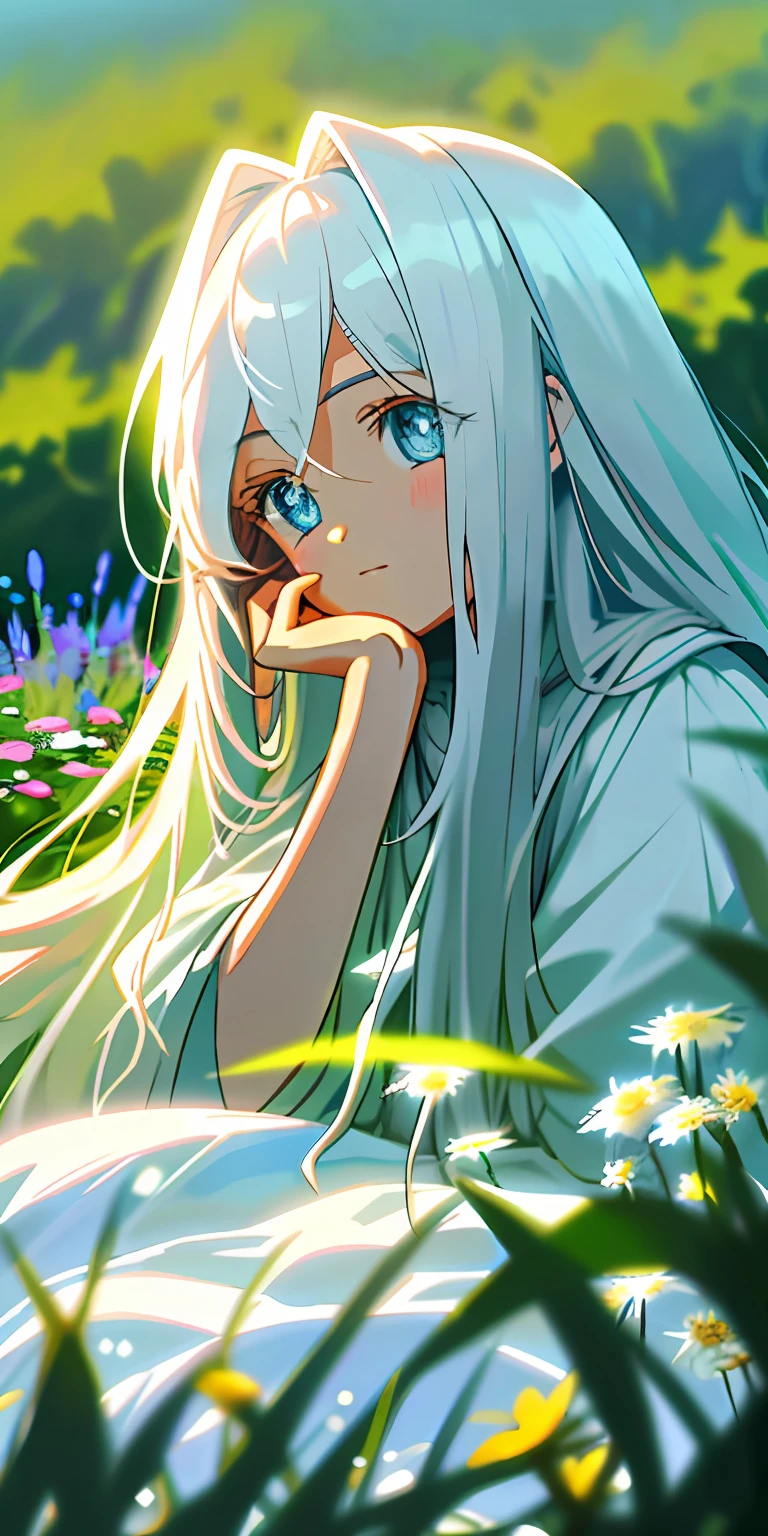 (tmasterpiece,best qualtiy),1 girl with long white hair sitting in a field of greenery and flowers,her hand under her chin,warmly lit,white dresses,Blurred foreground,Fluffy princess dress,Only the upper body,ice-blue-eyes