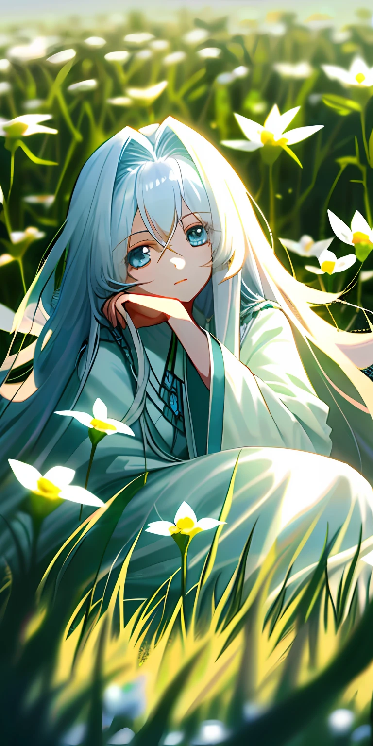 （tmasterpiece，best qualtiy），1 girl with long white hair sitting in a field of greenery and flowers，her hand under her chin，warmly lit，white dresses，Blurred foreground，Fluffy princess dress，Only the upper body，ice-blue-eyes