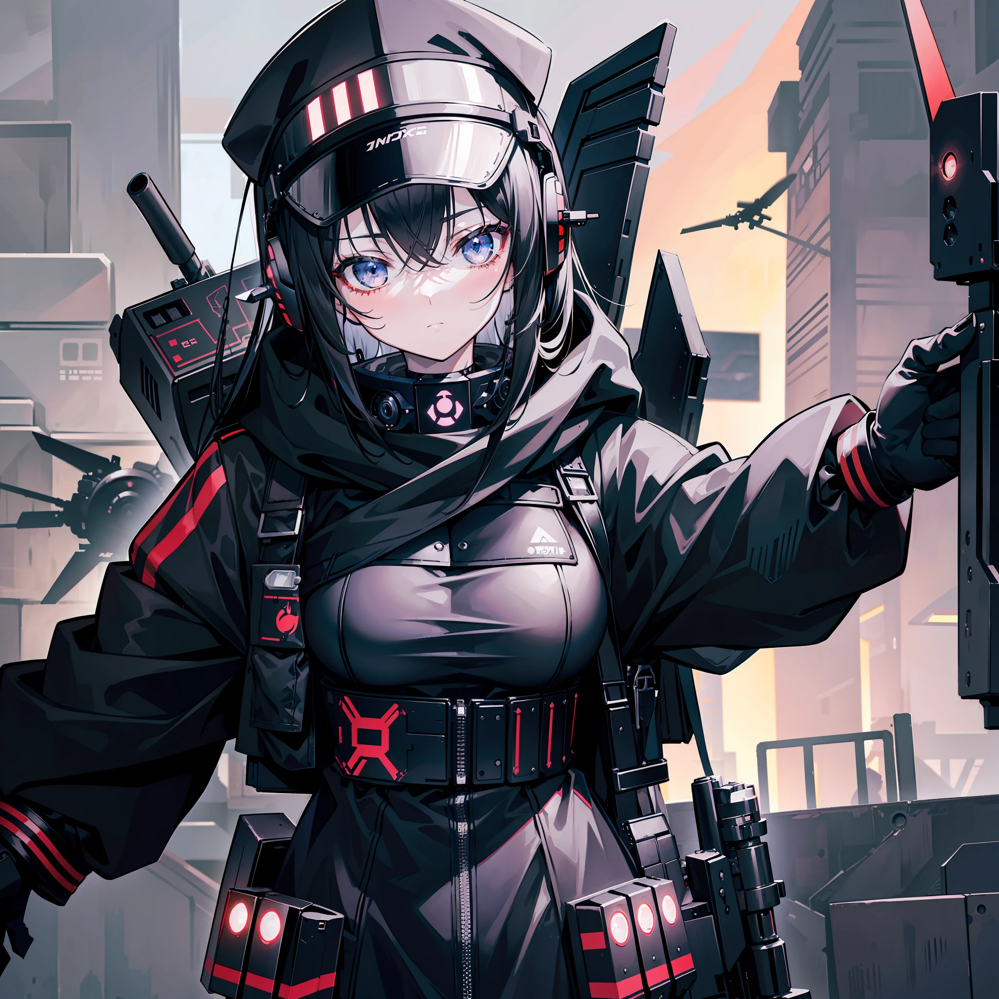 (tmasterpiece, best qualtiy,style of anime,a sense of atmosphere,karo,nigth)(teens girl,Black color hair,Black cap,Black body armor,Wear tactical headsets,closeup cleavage)(in the background, A gunship that is about to take off at night)