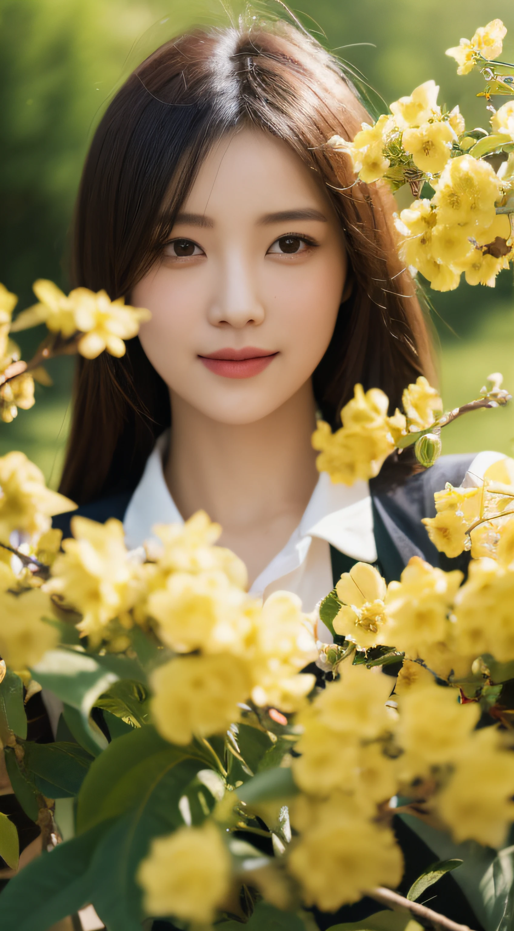 masterpiece, best quality, realistic, cinematic,
1girl, sitting, close-up portrait, red aodai, (smile:0.8), (yellow apricot blossom, (potted flowers:0.8), flowers, falling petals, tree branch),  flower in hair, walking in garden