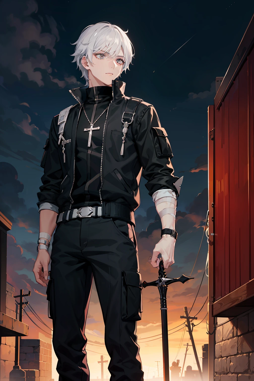 White-colored skin,White-colored skin,whaite hair,Black pupils,Pure black eyes,Silver-toned stud earrings,shoun,crosses,bandagens,There are bandages on the hands,short detailed hair,Handsome,Libido boy,Highest image quality,the night,the night,warn,male people,hooding,cargo pants,Martin boots,Black pick dye,Long sword,crosses,crosses,nighttime scene,Black cargo pants,Black pantsuit