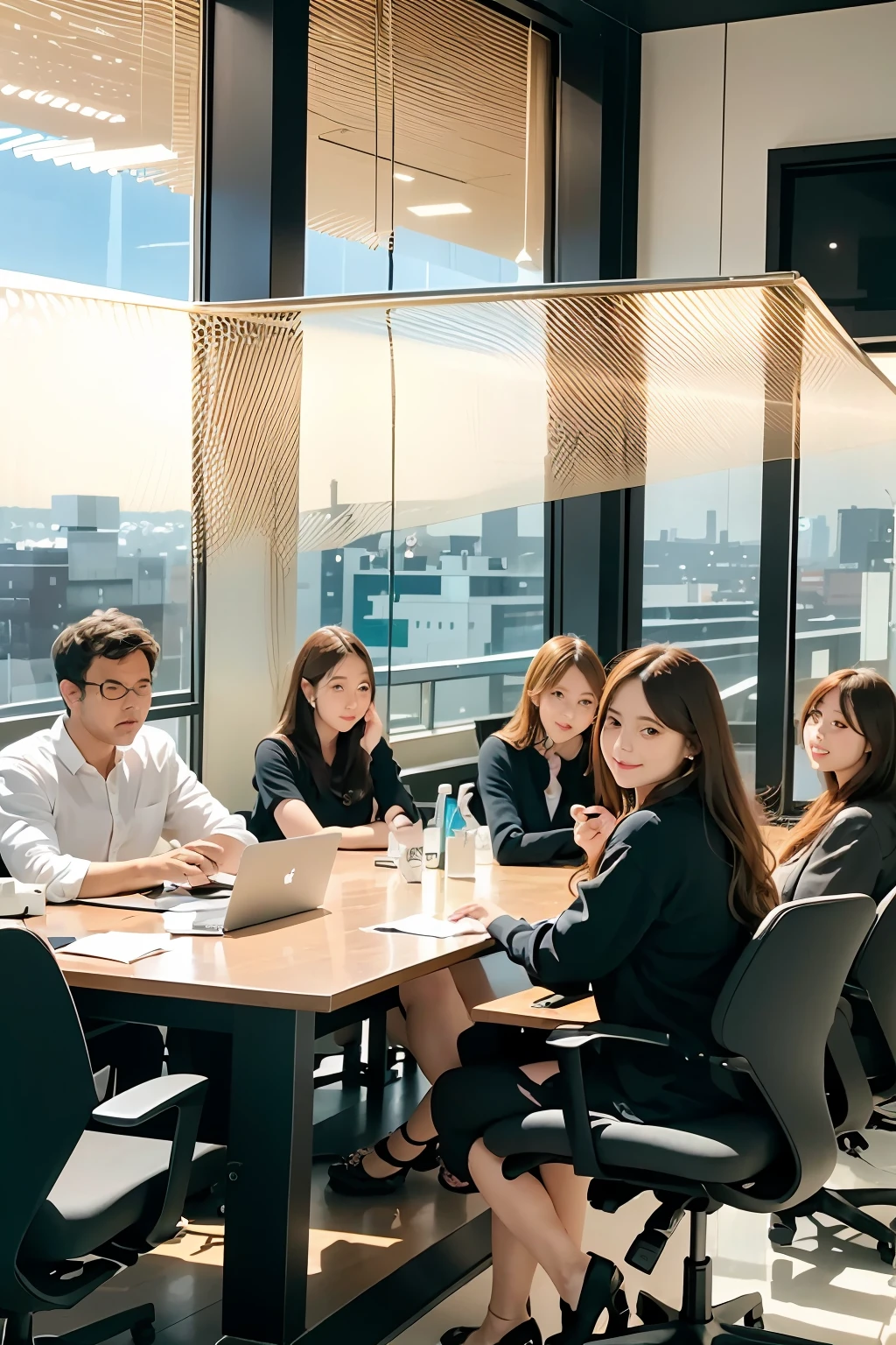 - [ ] photorealistic:1.37, masterpiece, best quality, raw photo, absurdres, uhd, 1girl, wavy hair, brown hair, seductive , looking at viewer, in the large meeting room of the office in the high tower office building in  Tokyo ,Tokyo tower,intricate detail, detailed background, detailed skin, pore, highres, hdr , presentation to ten men , beautiful model, soft light to the face,JP_MODELS,white shirts uniform , midium breasts, a 30 yo woman