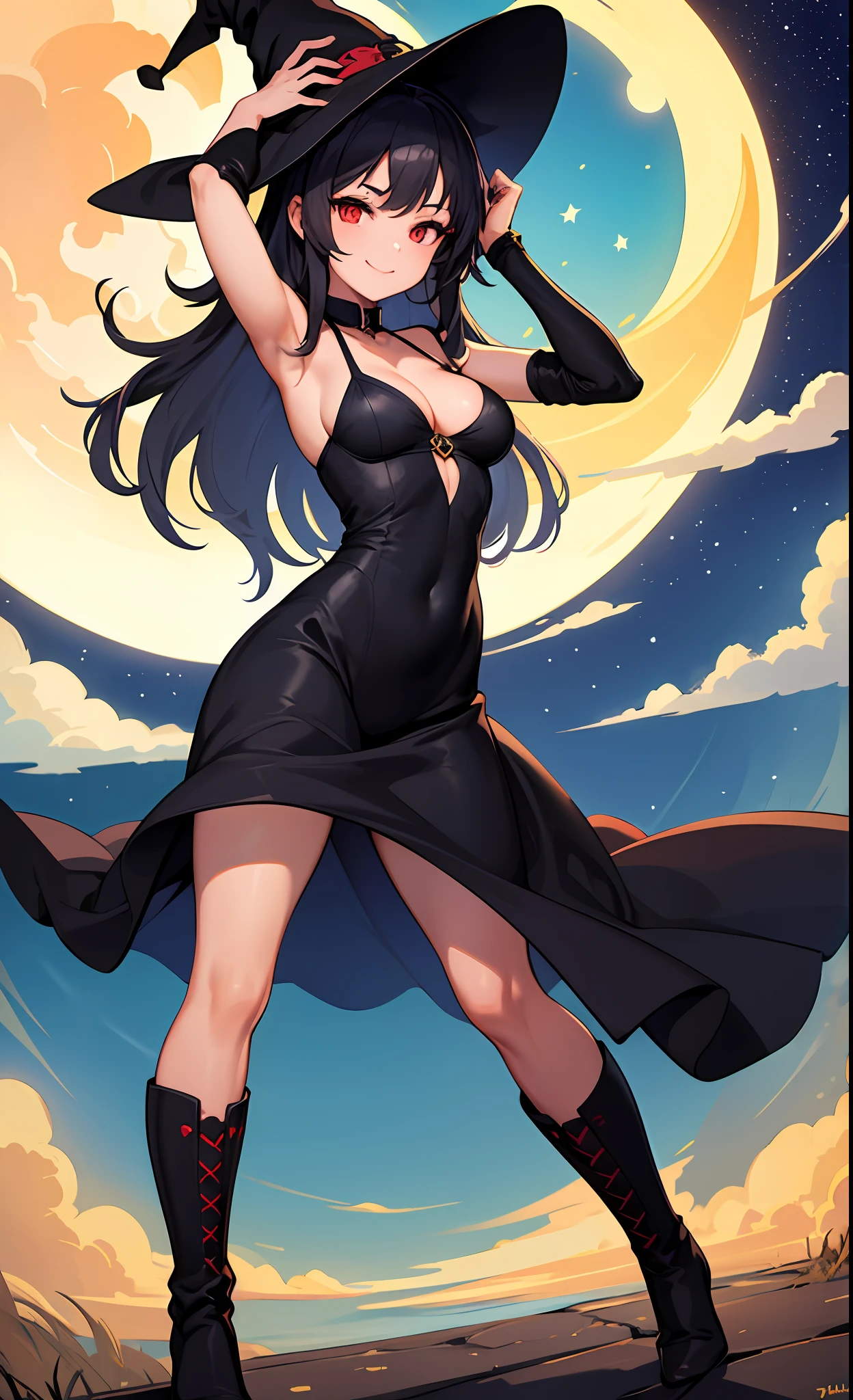 masterpiece, best quality, 1girl, solo, night sky, outdoors, moon, stars, clouds, wind, medium hair, boots, witch, smile, red eyes, arms up, cleavage, tree, night,