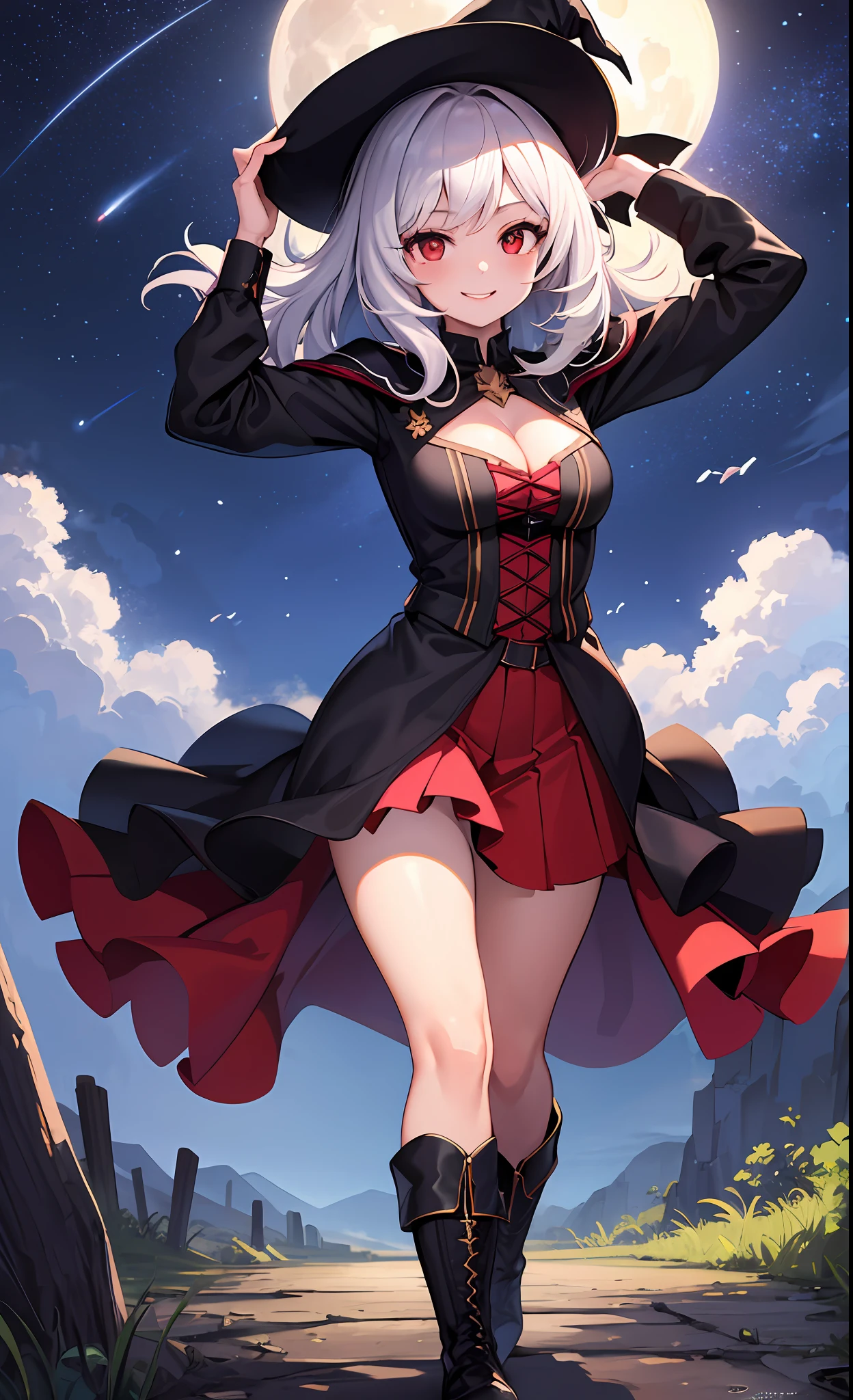 masterpiece, best quality, 1girl, solo, night sky, outdoors, moon, stars, clouds, wind, medium hair, boots, witch, smile, red eyes, arms up, cleavage, tree, night,