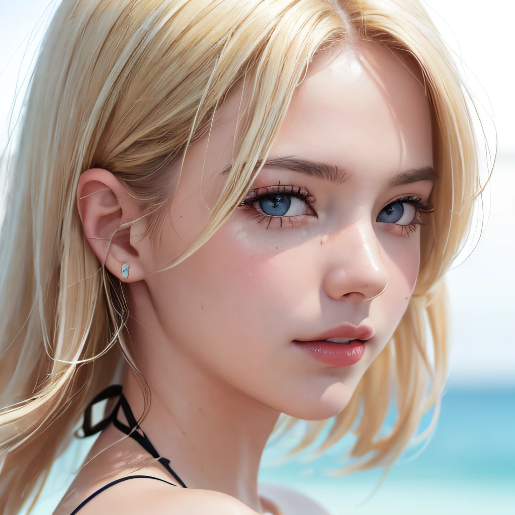 (8K, RAW Photos, of the highest quality, Masterpieces: 1.2), (Realistic, Photorealistic: 1.37), Highest Quality, Ultra High Resolution, light  leaks, Dynamic lighting, Slim and smooth skin, (Full body:1.3), (Soft Saturation: 1.6), (Fair skin: 1.2), (Glossy skin: 1.1), Oiled skin, 22 years old, Night, shiny white blonde, Well-formed, Hair fluttering in the wind, Close-up shot of face only, Physically Based Rendering, From multiple angles, The bikini