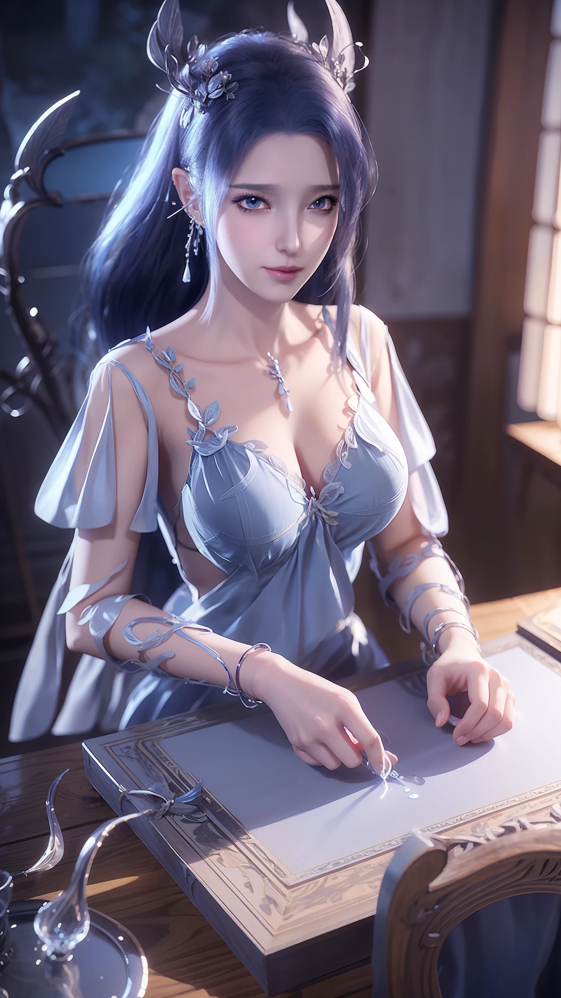 The Arad woman in a blue dress sits at the table, closeup fantasy with water magic, 2. 5 D CGI anime fantasy artwork, Anime fantasy illustration, Detailed digital anime art, beautiful fantasy anime, Smooth anime CG art, Anime fantasy artwork, 8K high quality detailed art, Realistic anime 3 D style, ultra detailed water, beautiful and seductive anime woman